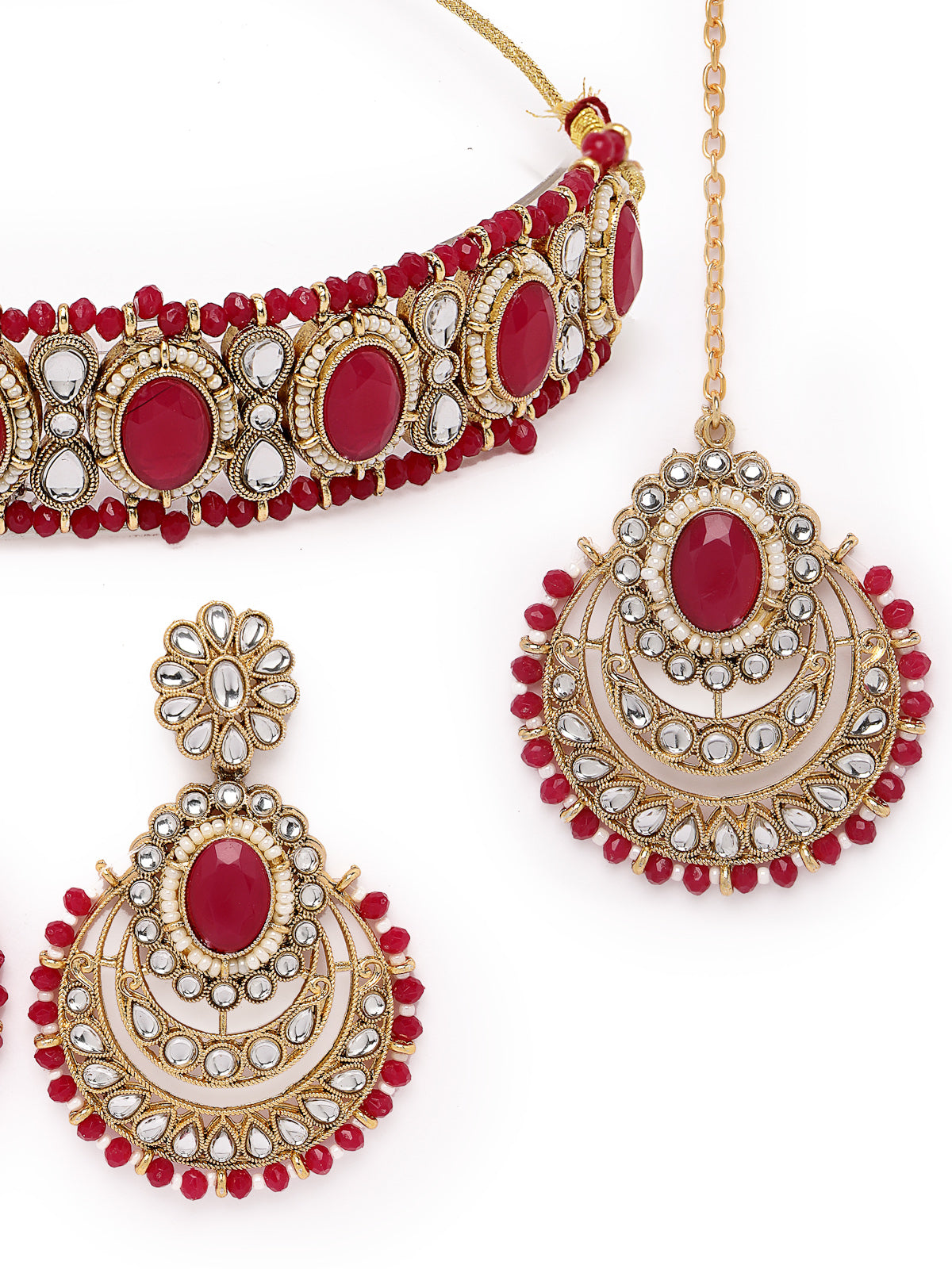 Sukkhi Indian Traditional Gold Plated Rani Pink Stone & Beads Choker Necklace Set With Earring And Maangtika | Jewellery Set For Women (NS105712)