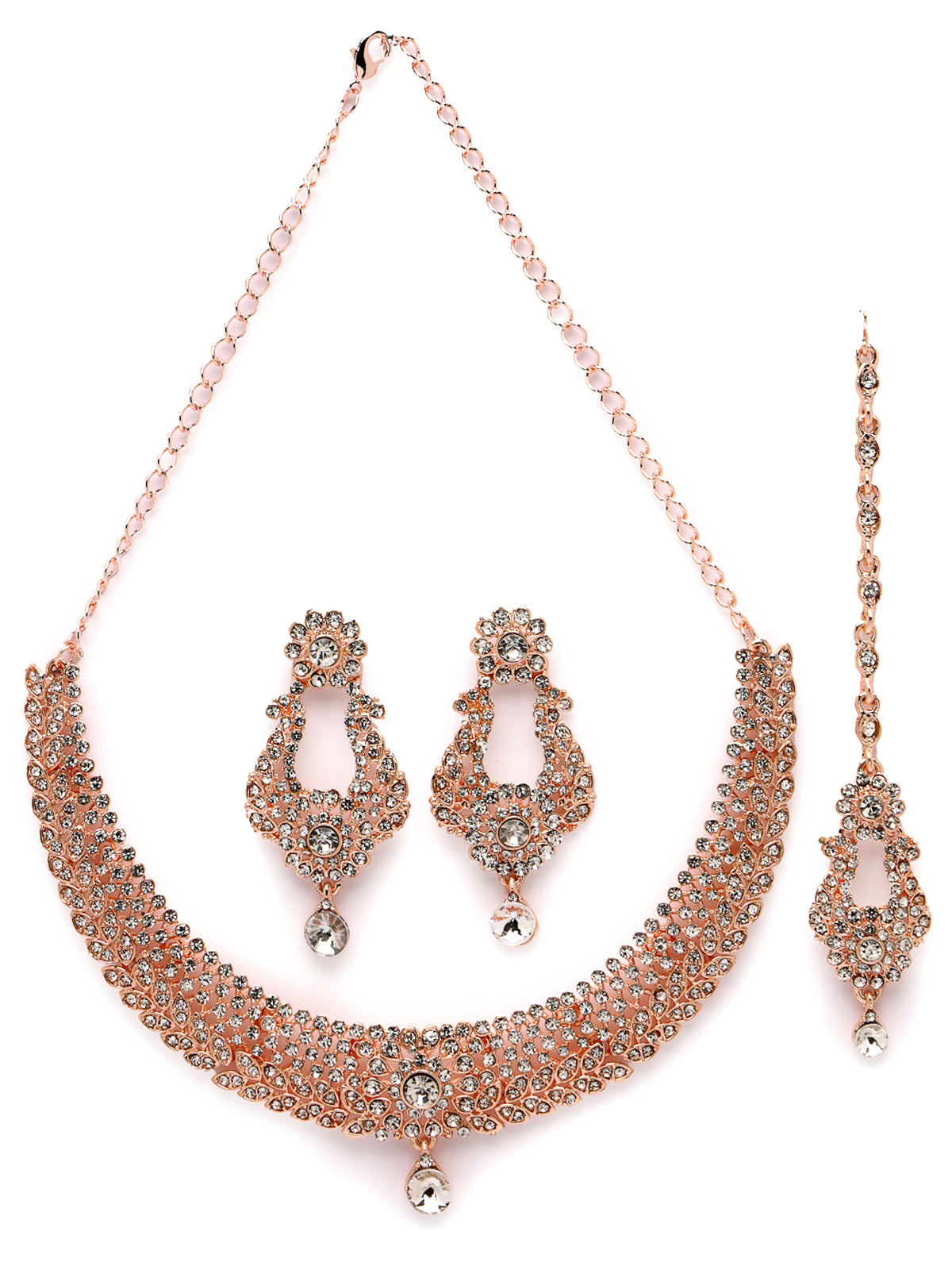 Sukkhi Glittering Rose Gold Plated AD White Stone Collar Bone Necklace Set With Earring And Maangtika | Jewellery Set For Women (NS105713)