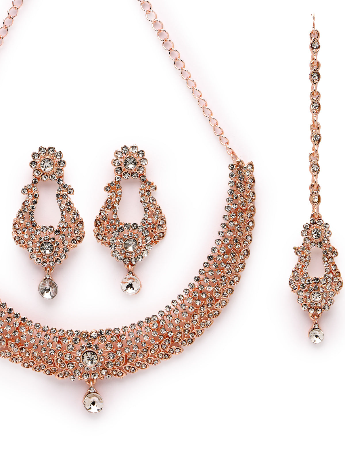 Sukkhi Glittering Rose Gold Plated AD White Stone Collar Bone Necklace Set With Earring And Maangtika | Jewellery Set For Women (NS105713)