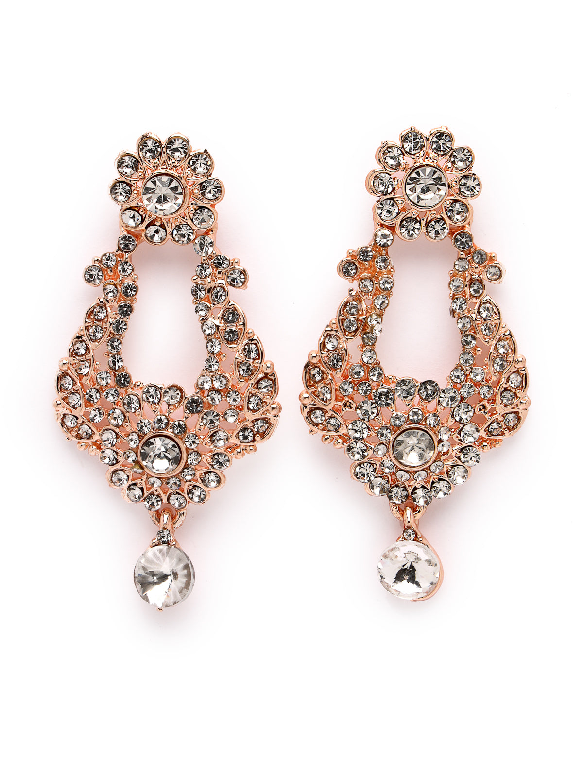 Sukkhi Glittering Rose Gold Plated AD White Stone Collar Bone Necklace Set With Earring And Maangtika | Jewellery Set For Women (NS105713)