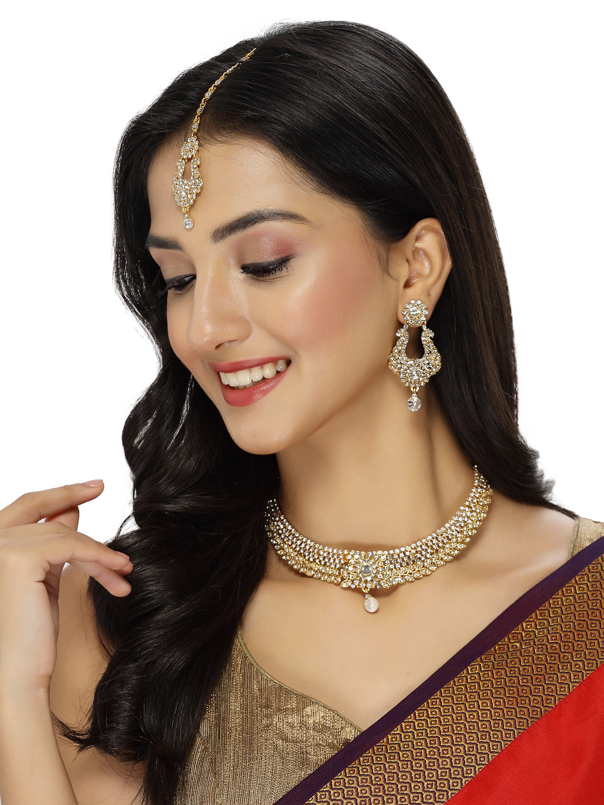 Sukkhi Exhilarating Gold Plated AD White Stone Collar Bone Necklace Set With Earring And Maangtika | Jewellery Set For Women (NS105714)
