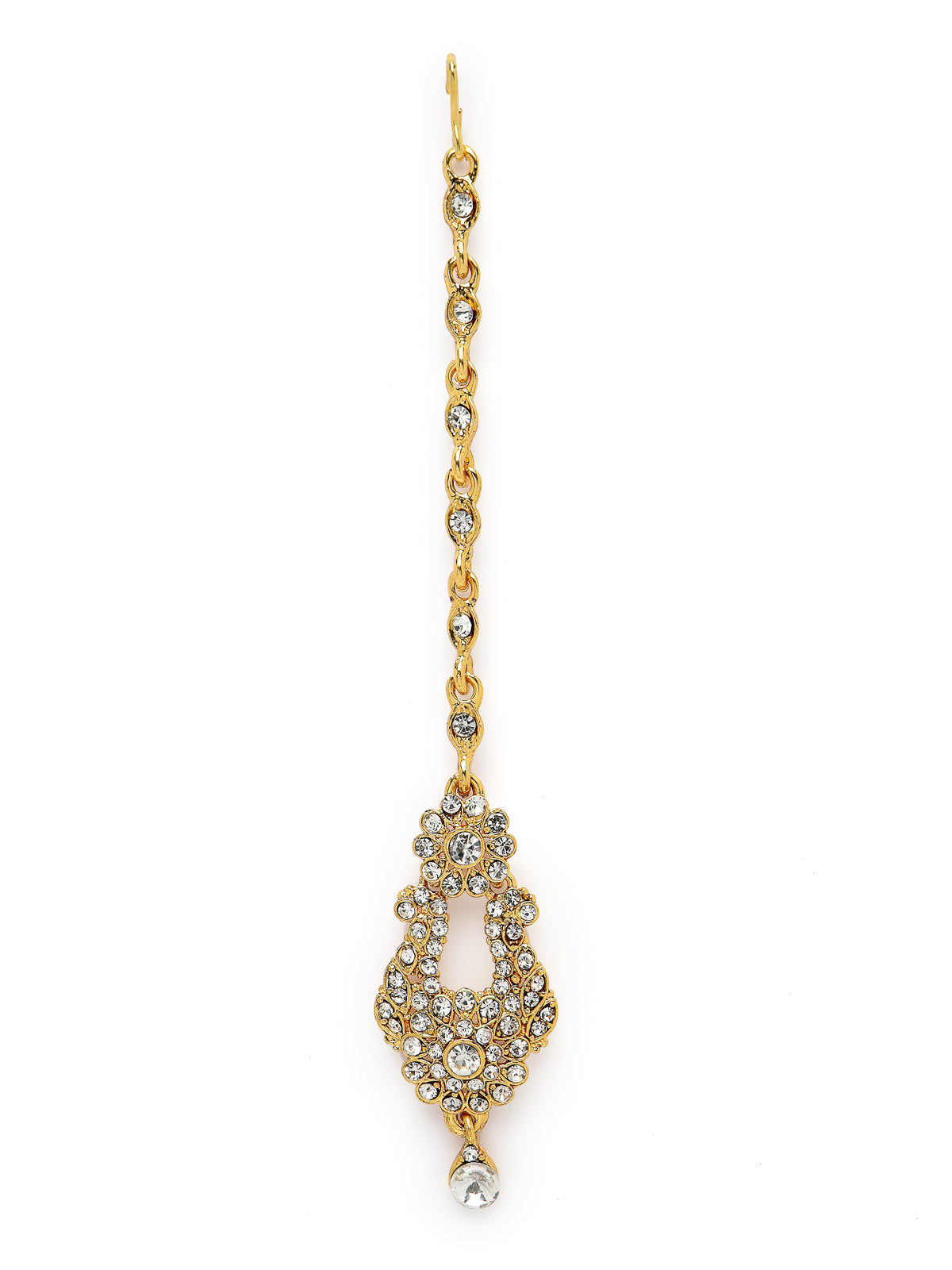 Sukkhi Exhilarating Gold Plated AD White Stone Collar Bone Necklace Set With Earring And Maangtika | Jewellery Set For Women (NS105714)