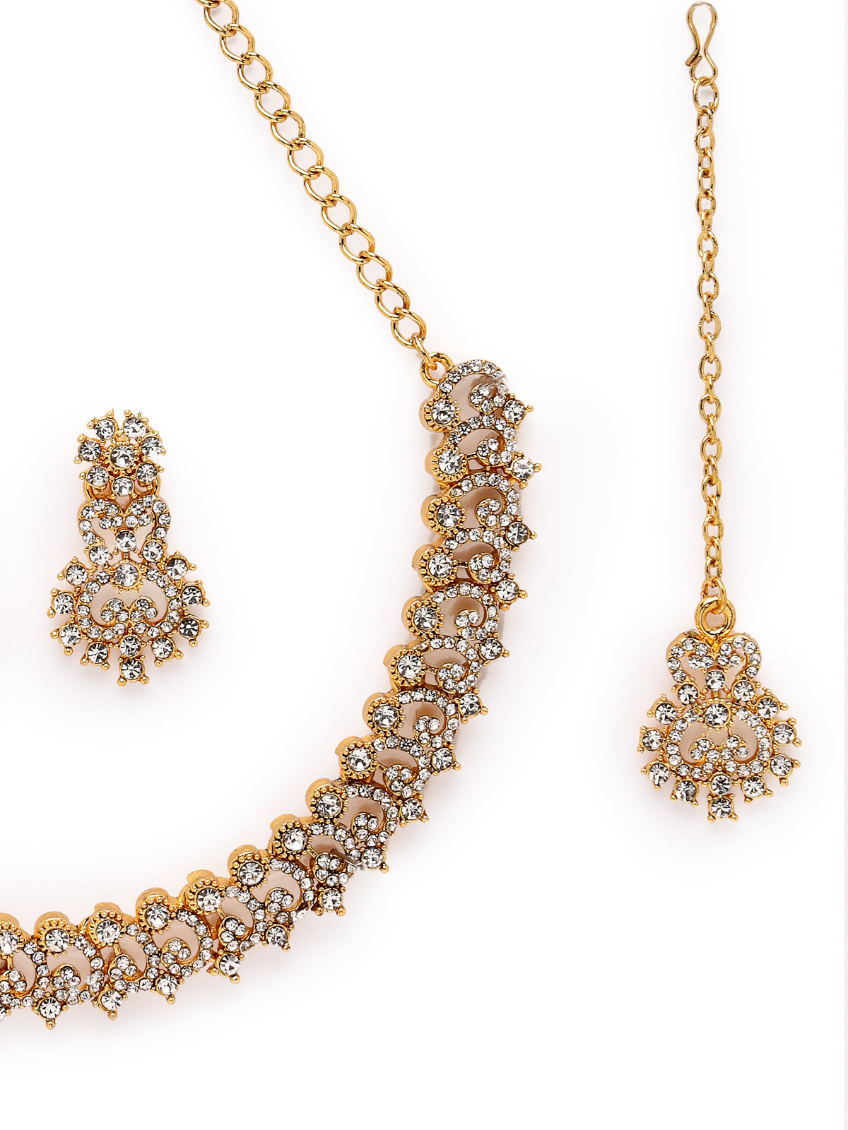 Sukkhi Festive Gold Plated AD White Stone Collar Bone Necklace Set With Earring And Maangtika | Jewellery Set For Women (NS105716)