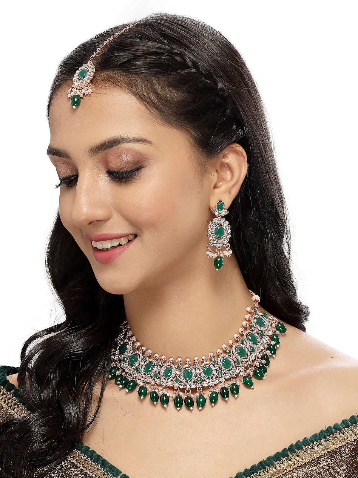 Sukkhi Bright Gold Plated AD Green Stones With Drop Beads Collar Bone Necklace Set With Earring And Maangtika | Jewellery Set For Women (NS105717)