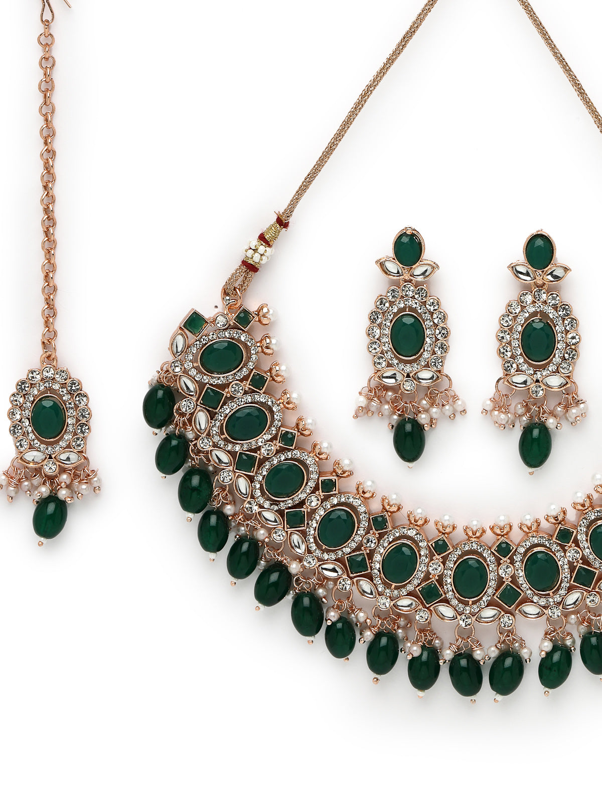 Sukkhi Bright Gold Plated AD Green Stones With Drop Beads Collar Bone Necklace Set With Earring And Maangtika | Jewellery Set For Women (NS105717)