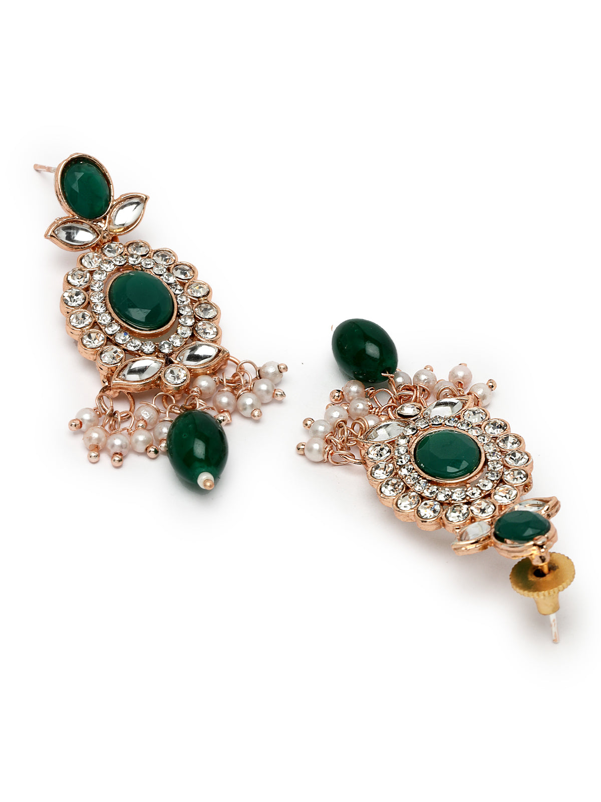 Sukkhi Bright Gold Plated AD Green Stones With Drop Beads Collar Bone Necklace Set With Earring And Maangtika | Jewellery Set For Women (NS105717)