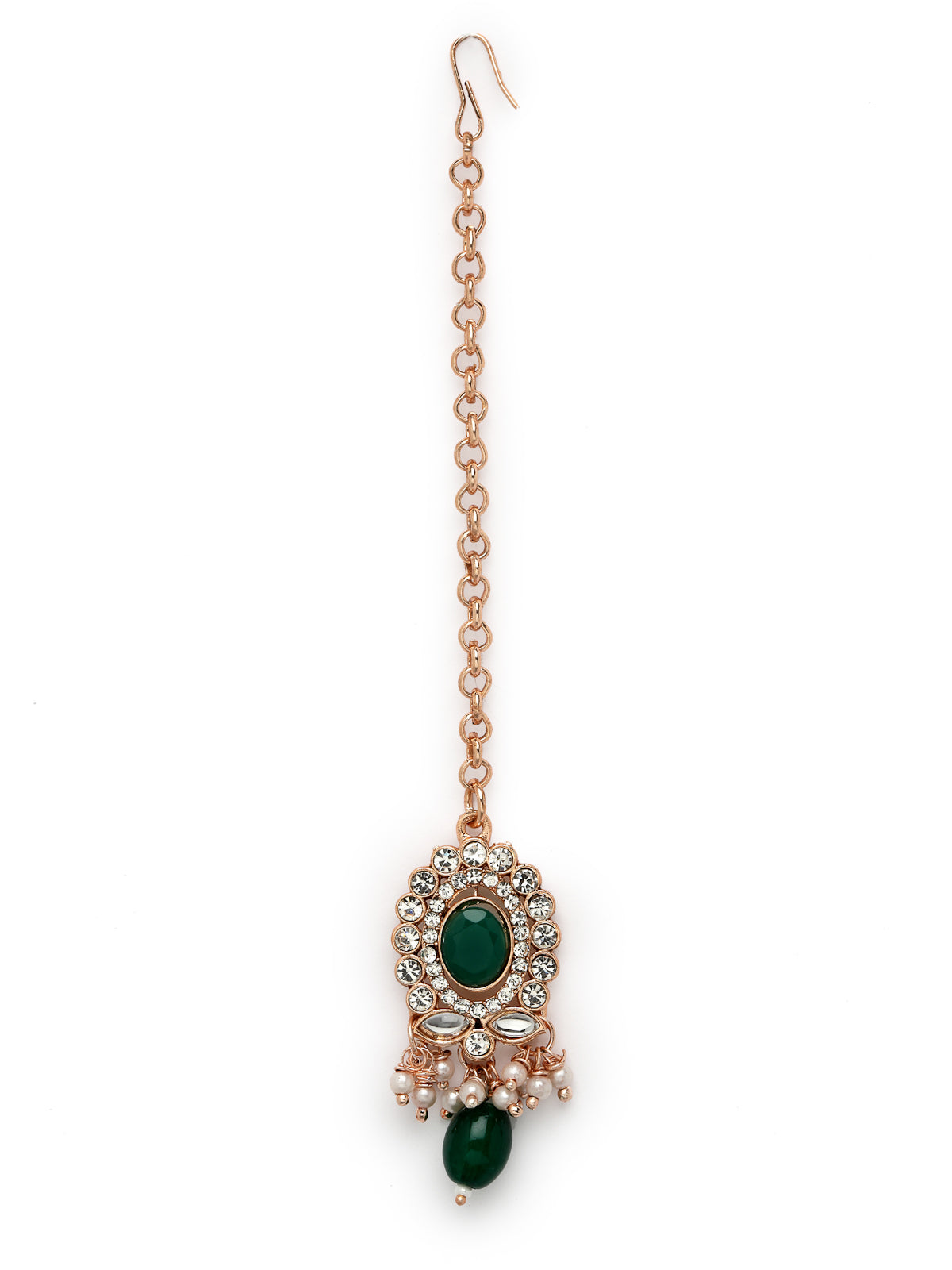 Sukkhi Bright Gold Plated AD Green Stones With Drop Beads Collar Bone Necklace Set With Earring And Maangtika | Jewellery Set For Women (NS105717)