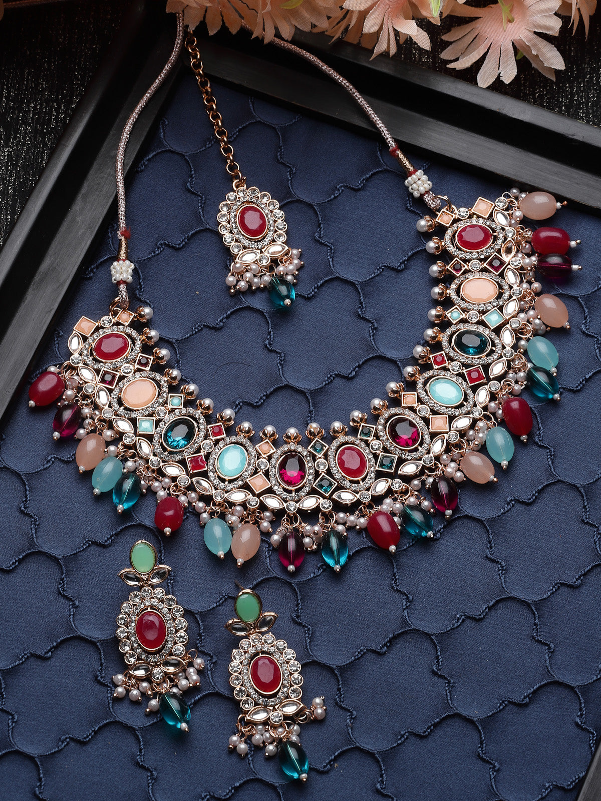 Sukkhi Bright Gold Plated Multicolor AD Stones With Drop Beads Collar Bone Necklace Set With Earring And Maangtika | Jewellery Set For Women (NS105718)