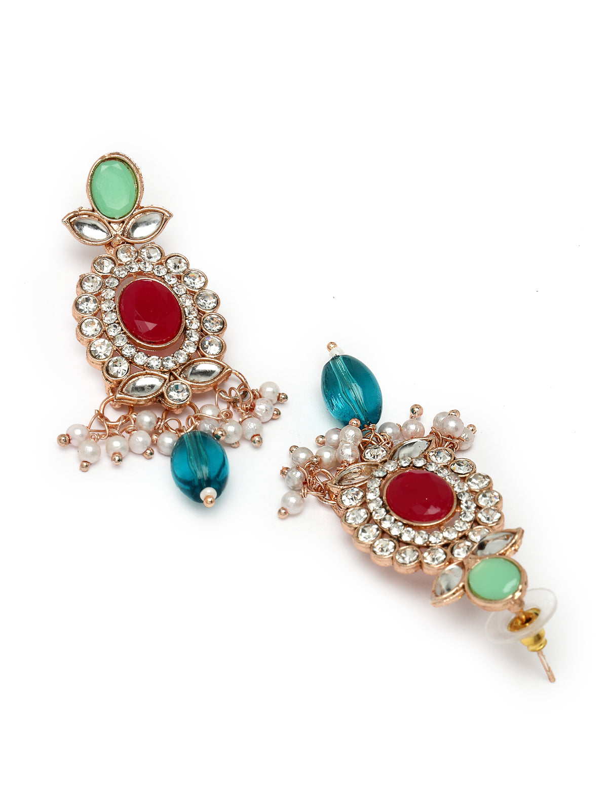 Sukkhi Bright Gold Plated Multicolor AD Stones With Drop Beads Collar Bone Necklace Set With Earring And Maangtika | Jewellery Set For Women (NS105718)