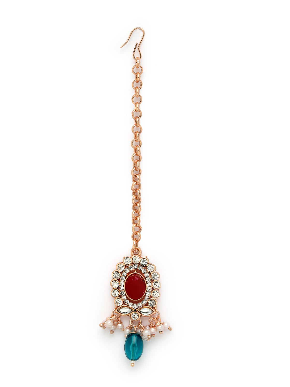 Sukkhi Bright Gold Plated Multicolor AD Stones With Drop Beads Collar Bone Necklace Set With Earring And Maangtika | Jewellery Set For Women (NS105718)