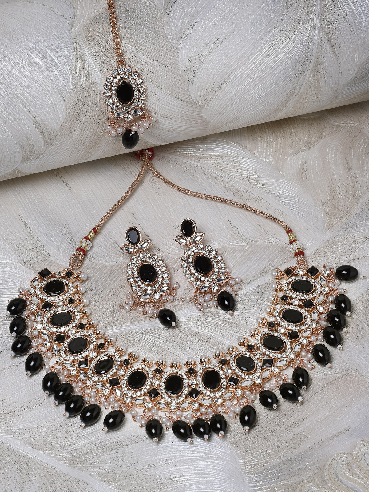 Sukkhi Bright Gold Plated Black AD Black Stones With Drop Beads Collar Bone Necklace Set With Earring And Maangtika | Jewellery Set For Women (NS105719)