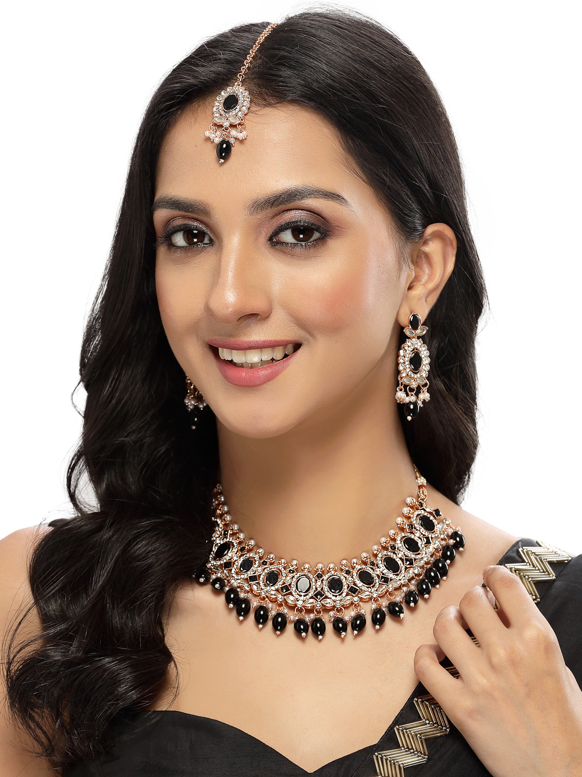 Sukkhi Bright Gold Plated Black AD Black Stones With Drop Beads Collar Bone Necklace Set With Earring And Maangtika | Jewellery Set For Women (NS105719)