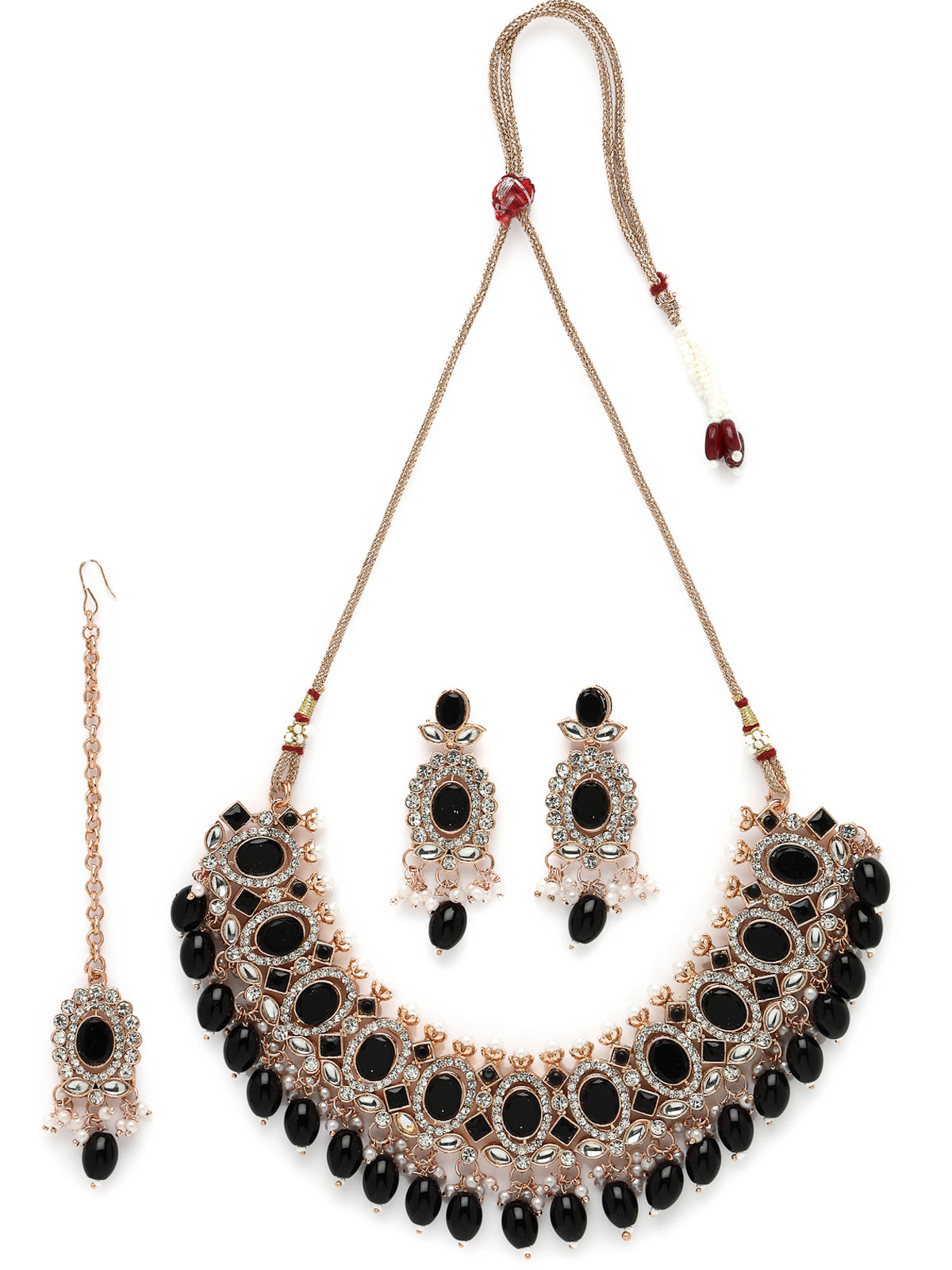 Sukkhi Bright Gold Plated Black AD Black Stones With Drop Beads Collar Bone Necklace Set With Earring And Maangtika | Jewellery Set For Women (NS105719)