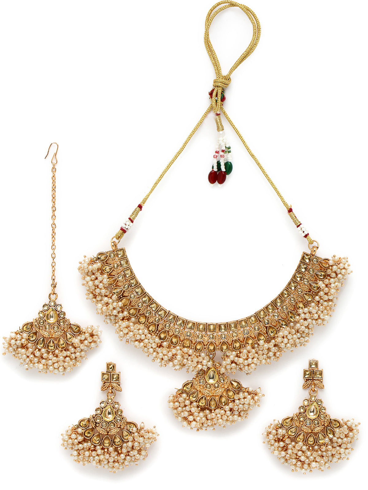 Sukkhi Ethnic Gold Plated Gold Kundan & Beads Copper Collar Bone Necklace Set With Earring And Maangtika | Jewellery Set For Women (NS105720)