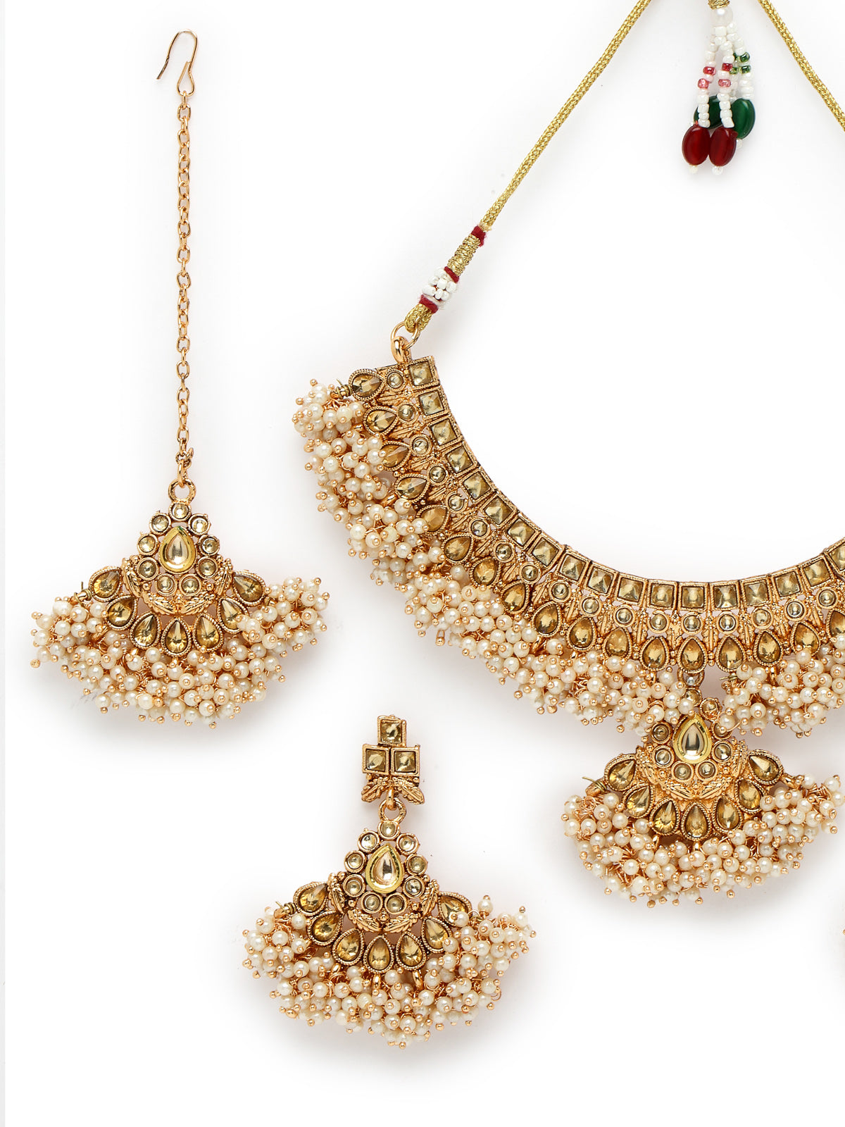 Sukkhi Ethnic Gold Plated Gold Kundan & Beads Copper Collar Bone Necklace Set With Earring And Maangtika | Jewellery Set For Women (NS105720)