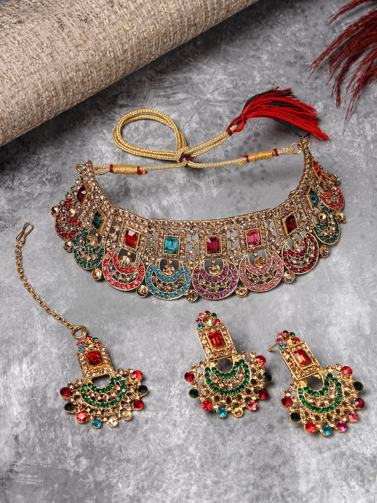 Sukkhi Graceful Curve Shaped Gold Plated Multicolor AD Stones Choker Necklace Set With Earring And Maangtika | Jewellery Set For Women (NS105721)