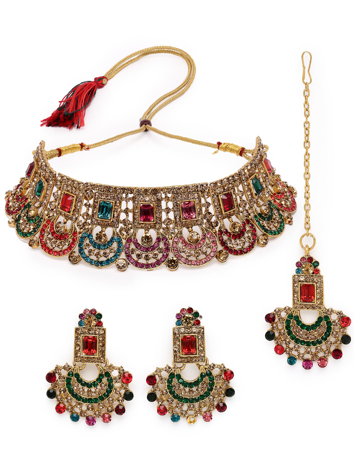 Sukkhi Graceful Curve Shaped Gold Plated Multicolor AD Stones Choker Necklace Set With Earring And Maangtika | Jewellery Set For Women (NS105721)