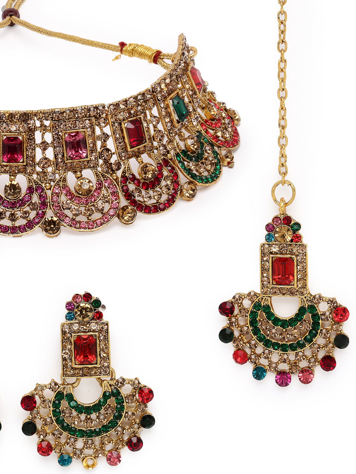 Sukkhi Graceful Curve Shaped Gold Plated Multicolor AD Stones Choker Necklace Set With Earring And Maangtika | Jewellery Set For Women (NS105721)