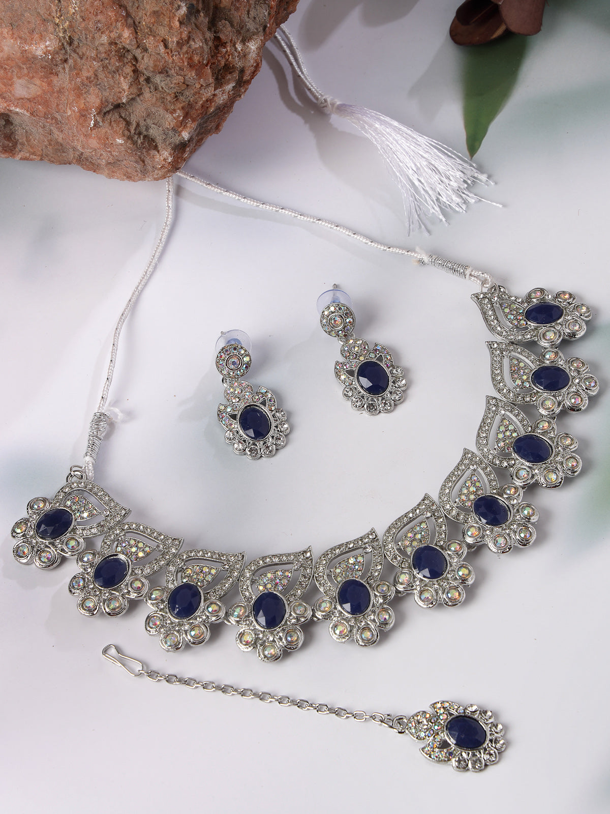 Sukkhi Fancy Rhodium Plated Blue AD Stone Collar Bone Necklace Set With Earring And Maangtika | Jewellery Set For Women (NS105723)