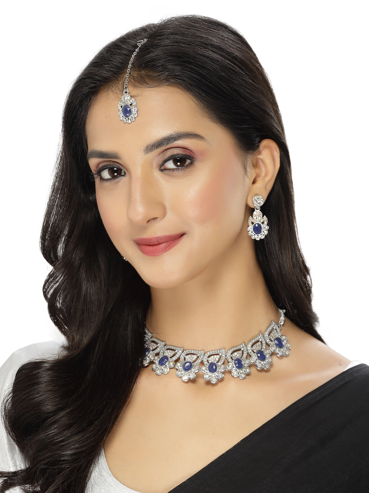 Sukkhi Fancy Rhodium Plated Blue AD Stone Collar Bone Necklace Set With Earring And Maangtika | Jewellery Set For Women (NS105723)
