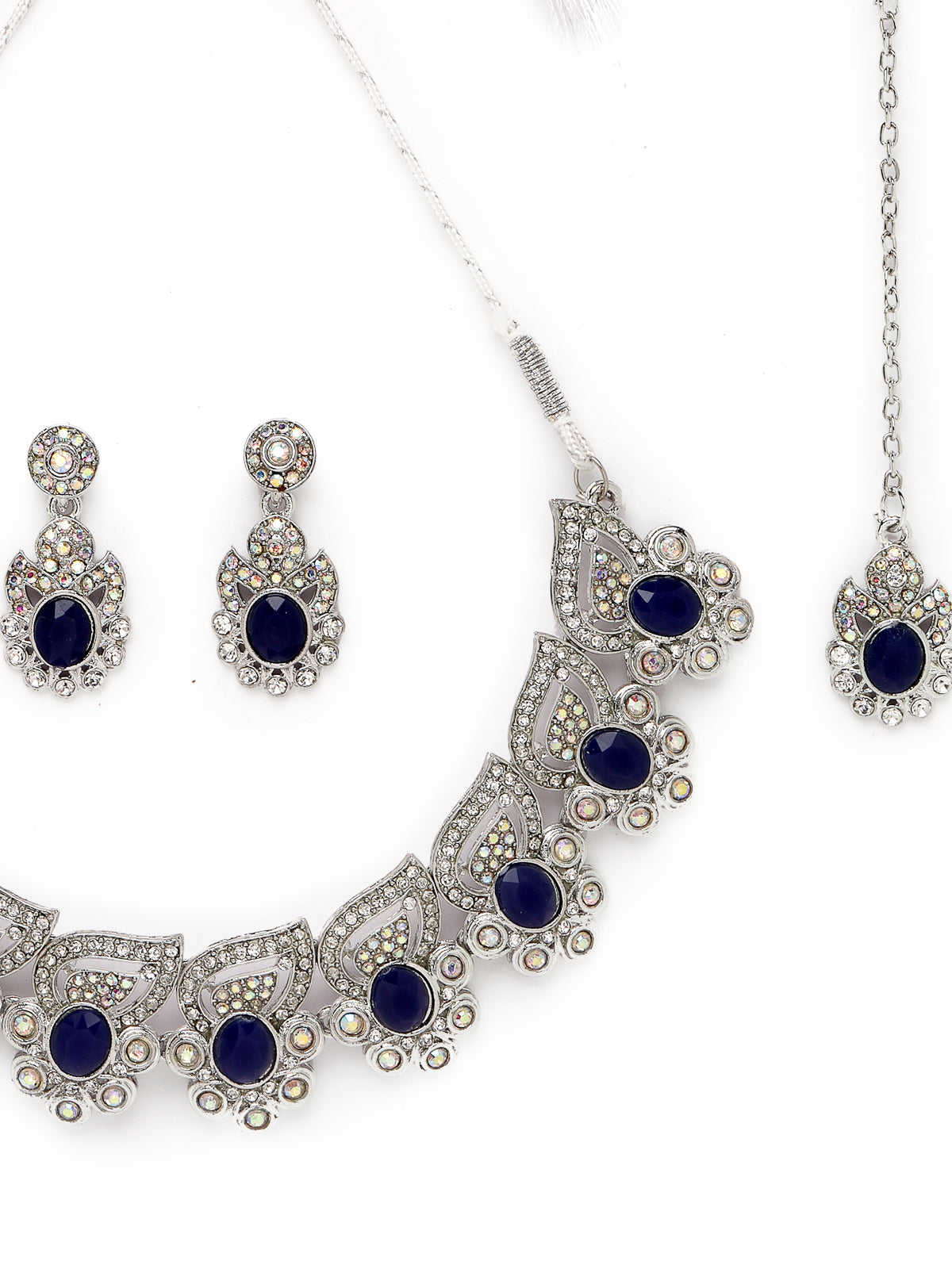 Sukkhi Fancy Rhodium Plated Blue AD Stone Collar Bone Necklace Set With Earring And Maangtika | Jewellery Set For Women (NS105723)