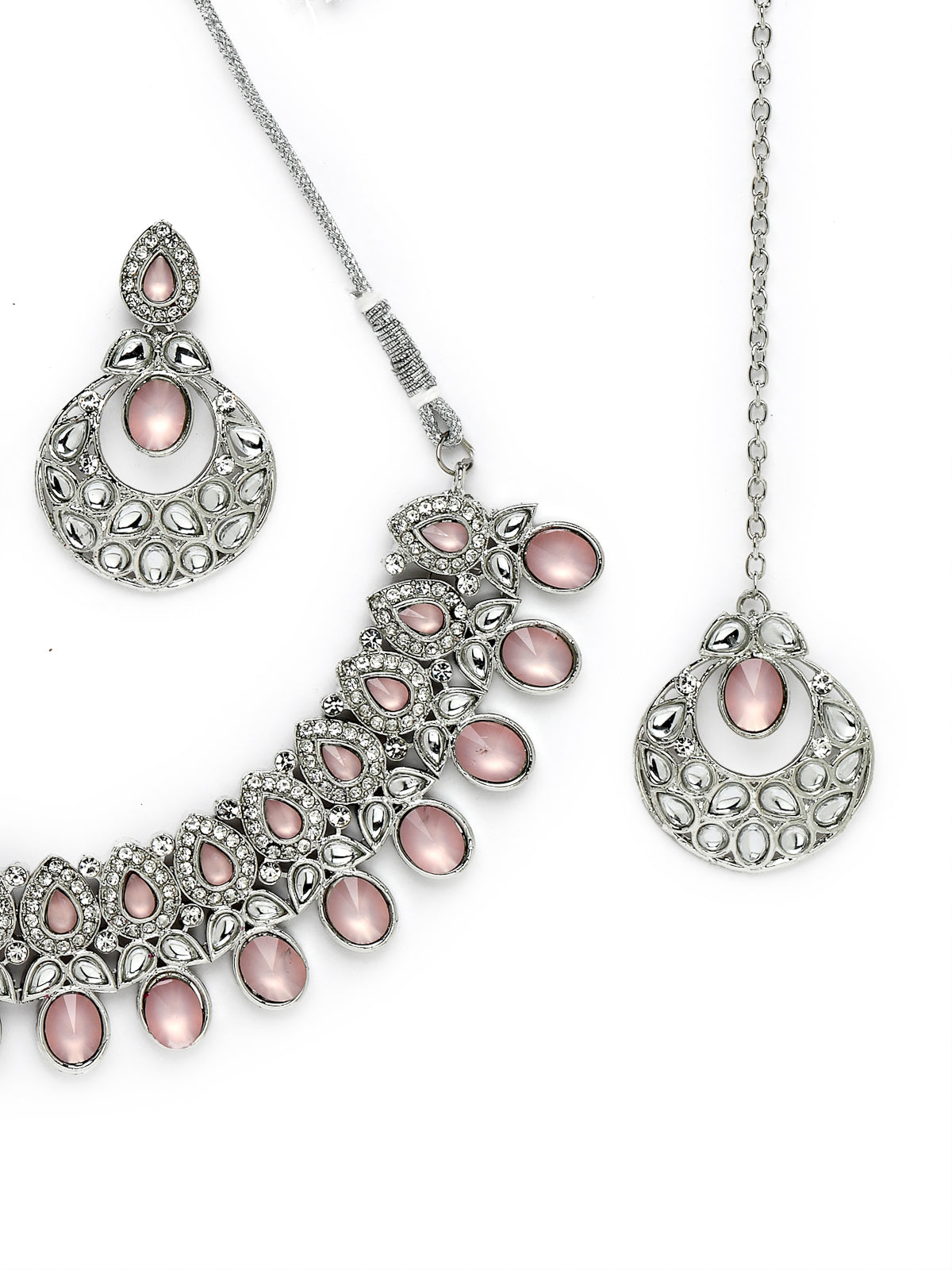 Sukkhi Felicitous Rhodium Plated Pink AD Stone Collar Bone Necklace Set With Earring And Maangtika | Jewellery Set For Women (NS105724)