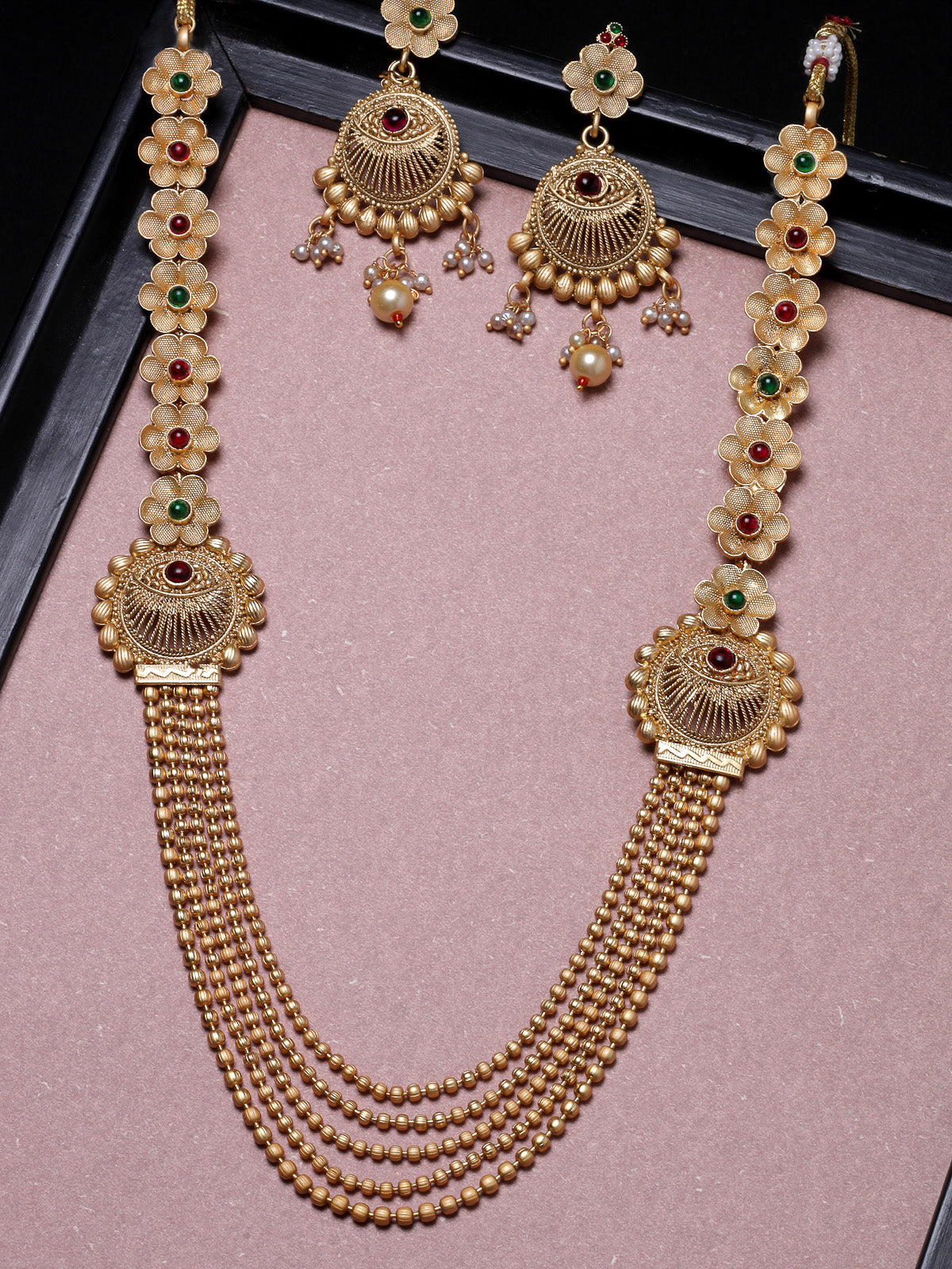 Sukkhi Ethnicfloral Gold Plated Rani Haar Long Kundan Studded Multistring Necklace Set And Earring | Jewellery Set For Women (NS105732)