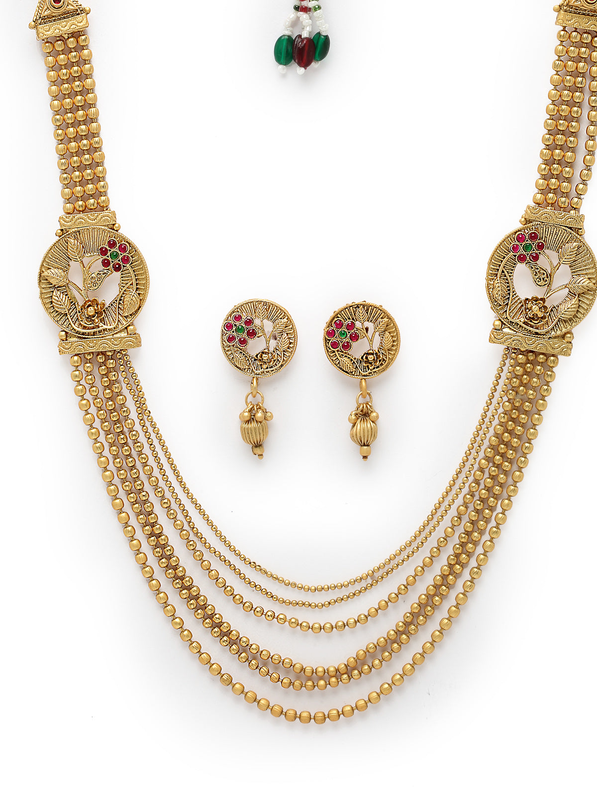 Sukkhi Awesome Gold Plated Golden Rani Haar Long Kundan Studded Multistring Necklace Set And Earring | Jewellery Set For Women (NS105745)