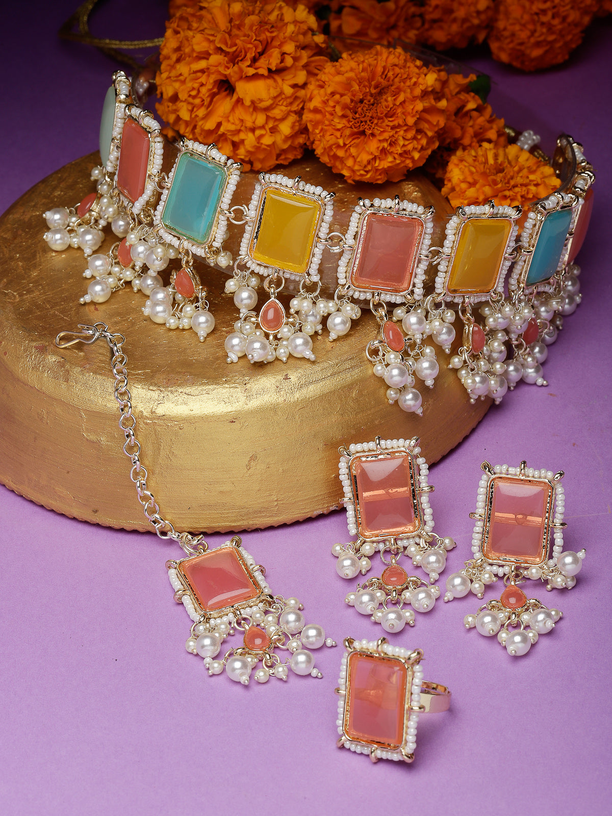 Studio Sukkhi Arresting Gold Plated Multi Beads Choker Necklace Set For Women NS105798