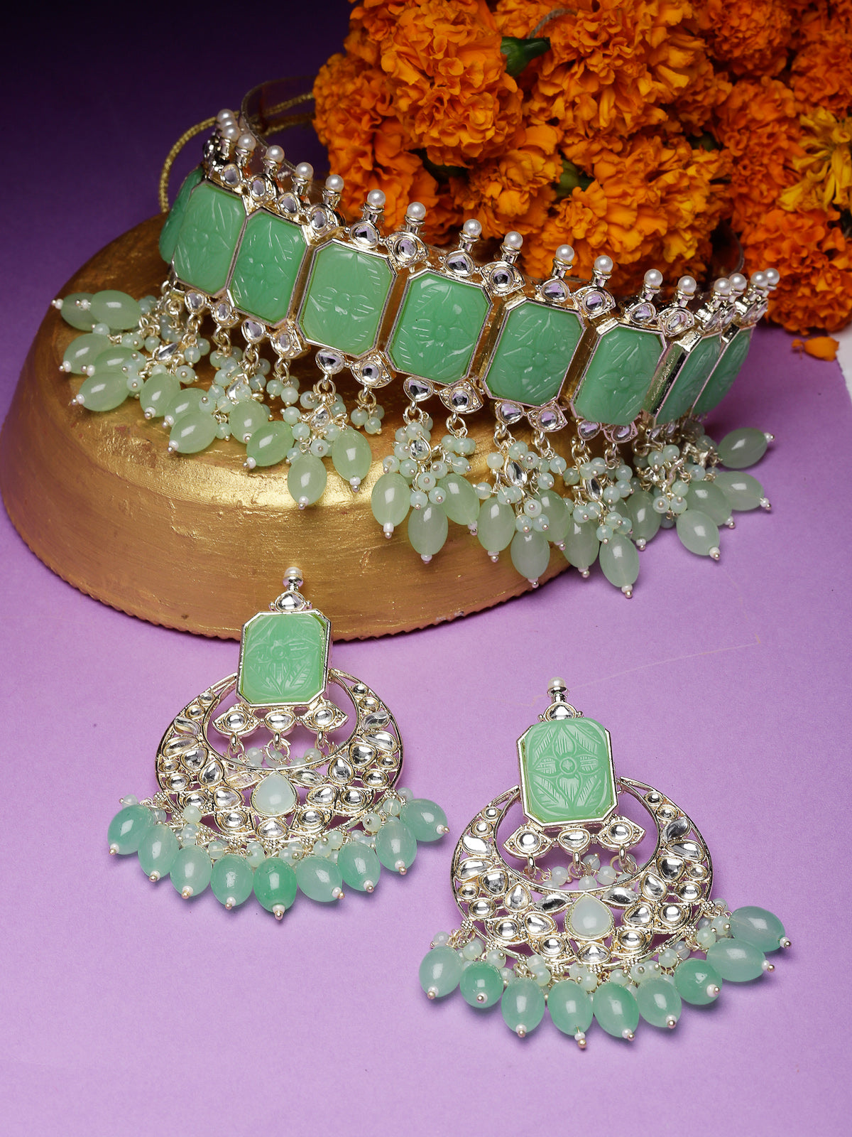 Studio Sukkhi High-fashion Gold Plated Mint Green Beads Choker Necklace Set For Women NS105799