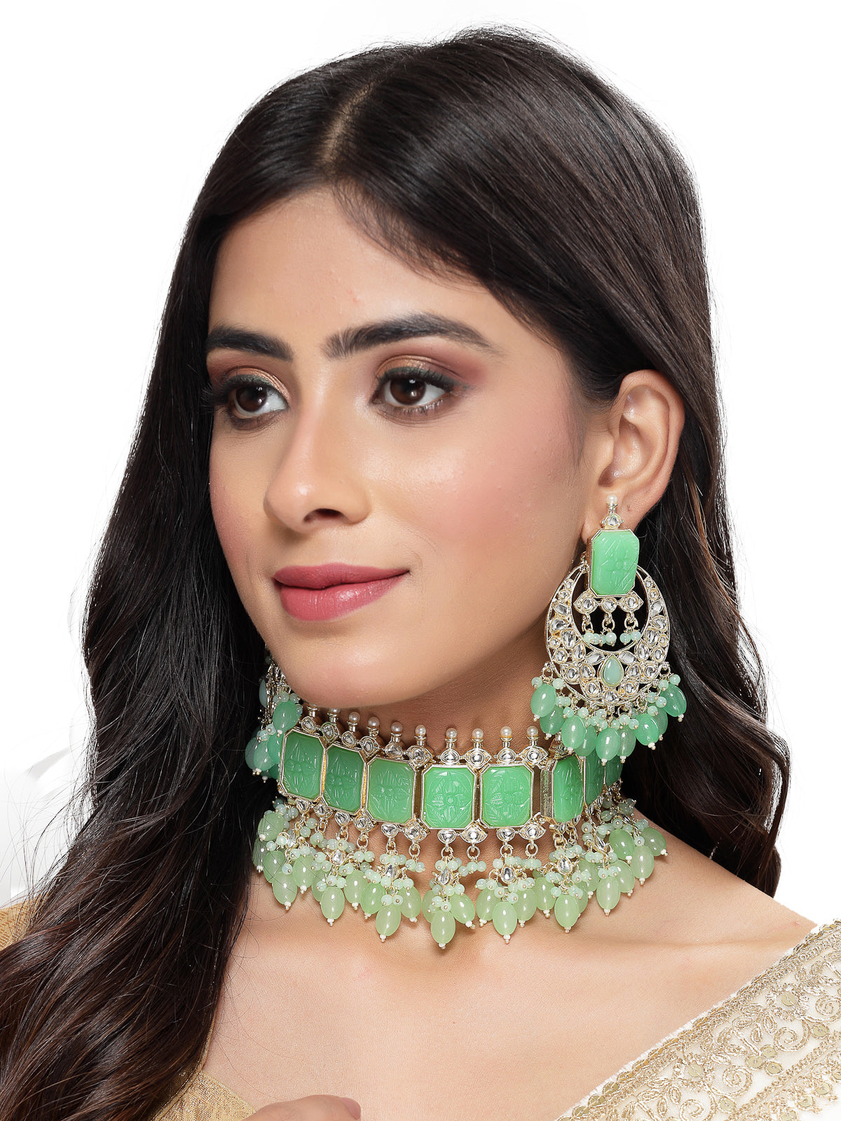 Studio Sukkhi High-fashion Gold Plated Mint Green Beads Choker Necklace Set For Women NS105799