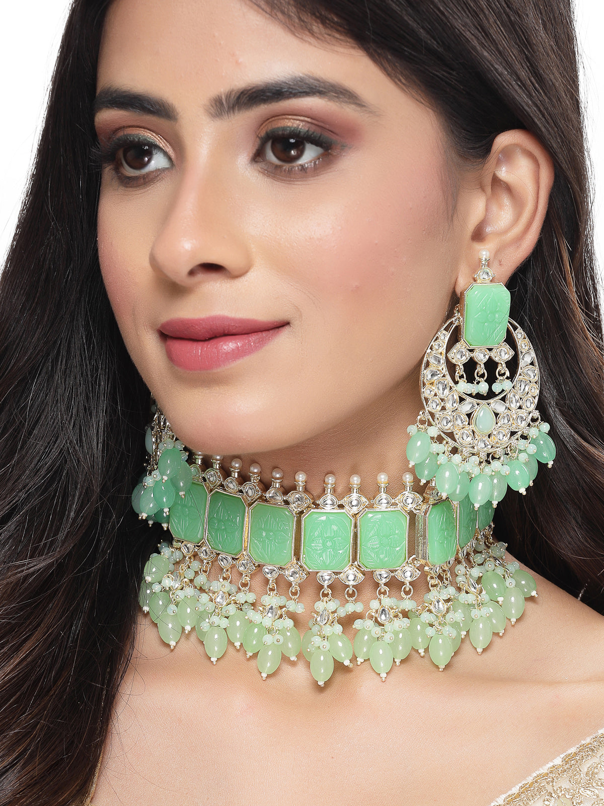 Studio Sukkhi High-fashion Gold Plated Mint Green Beads Choker Necklace Set For Women NS105799
