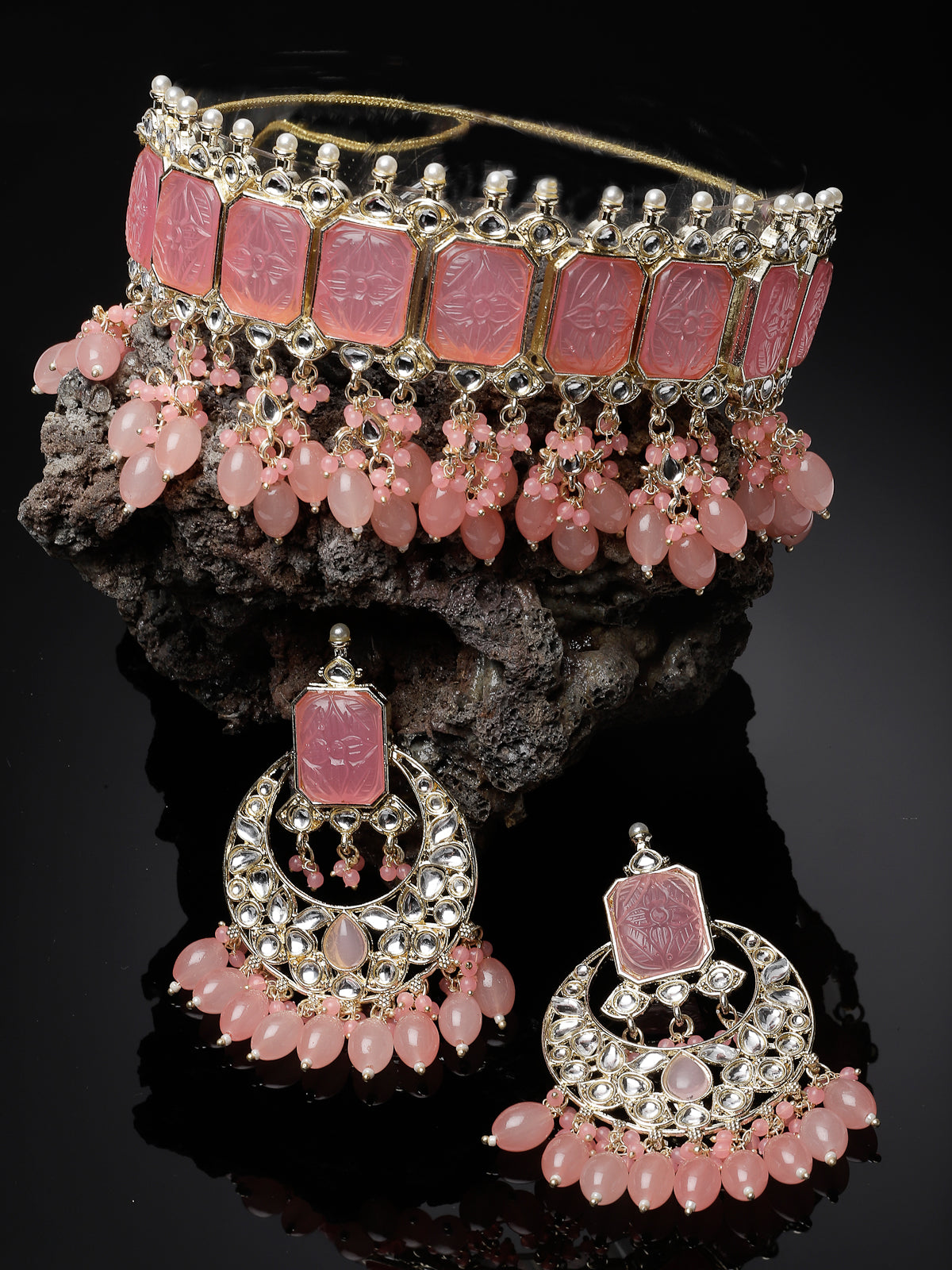 Studio Sukkhi Fashion-forward Gold Plated Pink Beads Choker Necklace Set For Women NS105800