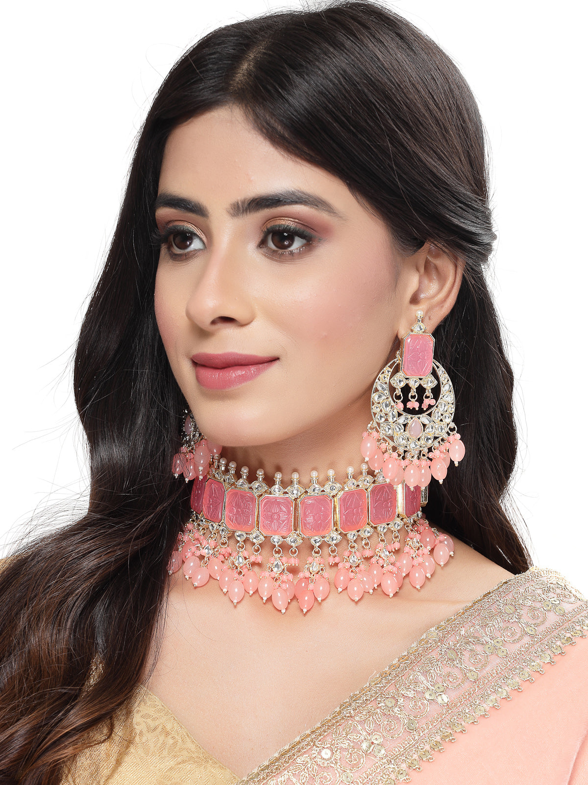 Studio Sukkhi Fashion-forward Gold Plated Pink Beads Choker Necklace Set For Women NS105800