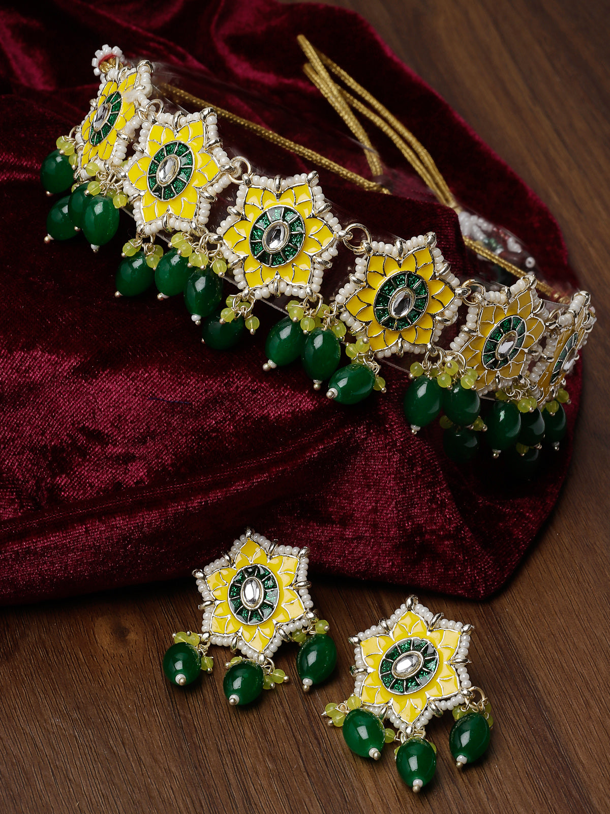 Studio Sukkhi Divine Gold Plated Yellow & Green Beads Cluster Drops Kundan Choker Necklace Set For Women NS105802