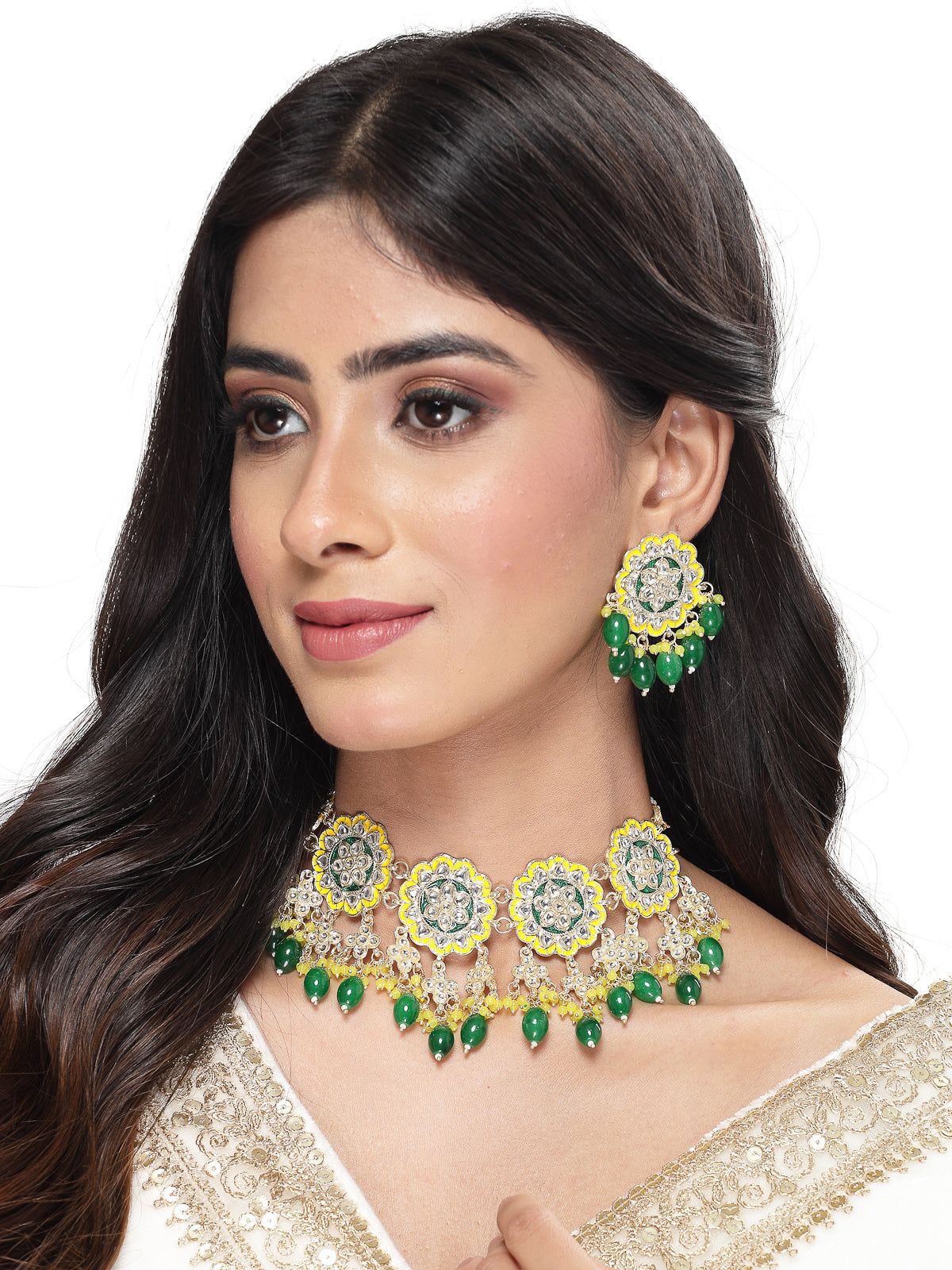 Studio Sukkhi Pretty Gold Plated Yellow & Green Beads Cluster Drops Kundan Choker Necklace Set For Women NS105803