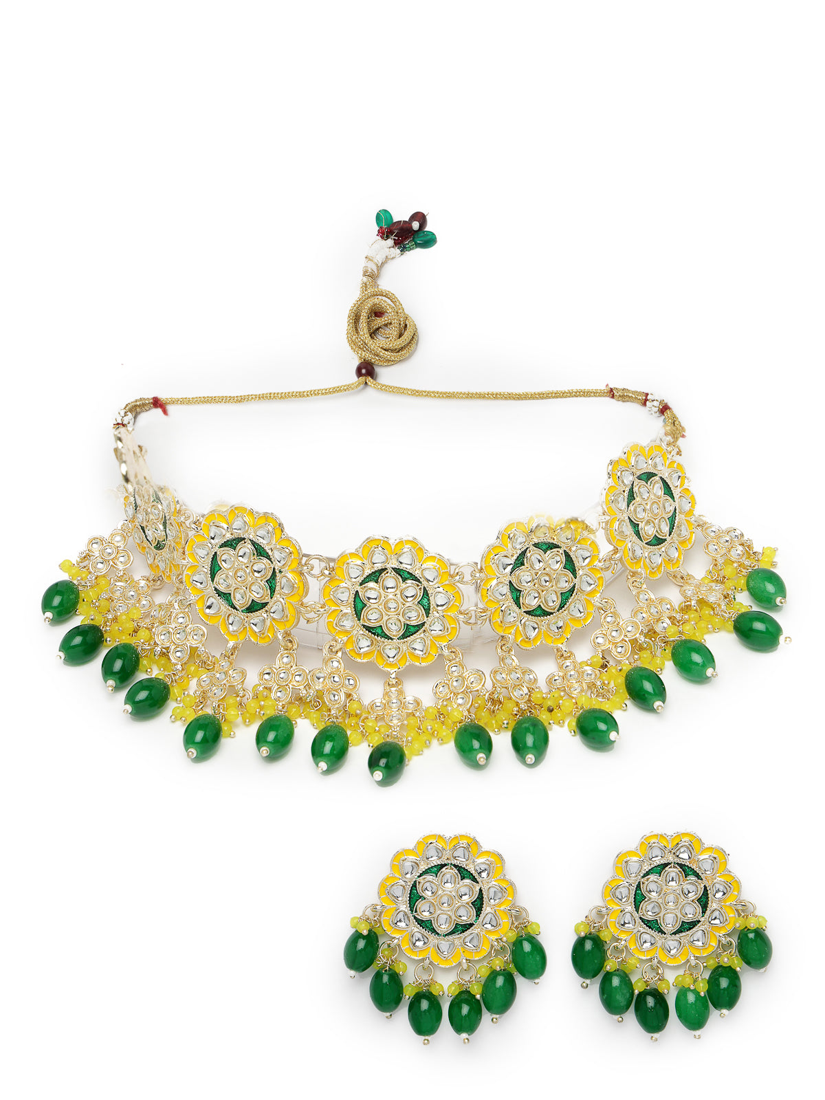 Studio Sukkhi Pretty Gold Plated Yellow & Green Beads Cluster Drops Kundan Choker Necklace Set For Women NS105803