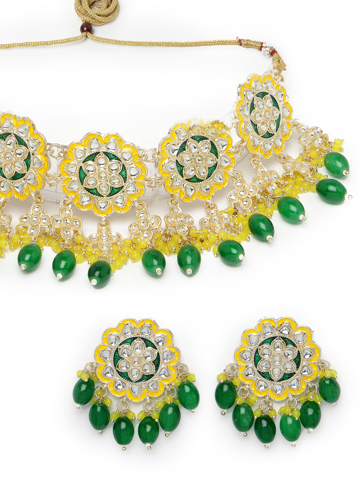 Studio Sukkhi Pretty Gold Plated Yellow & Green Beads Cluster Drops Kundan Choker Necklace Set For Women NS105803