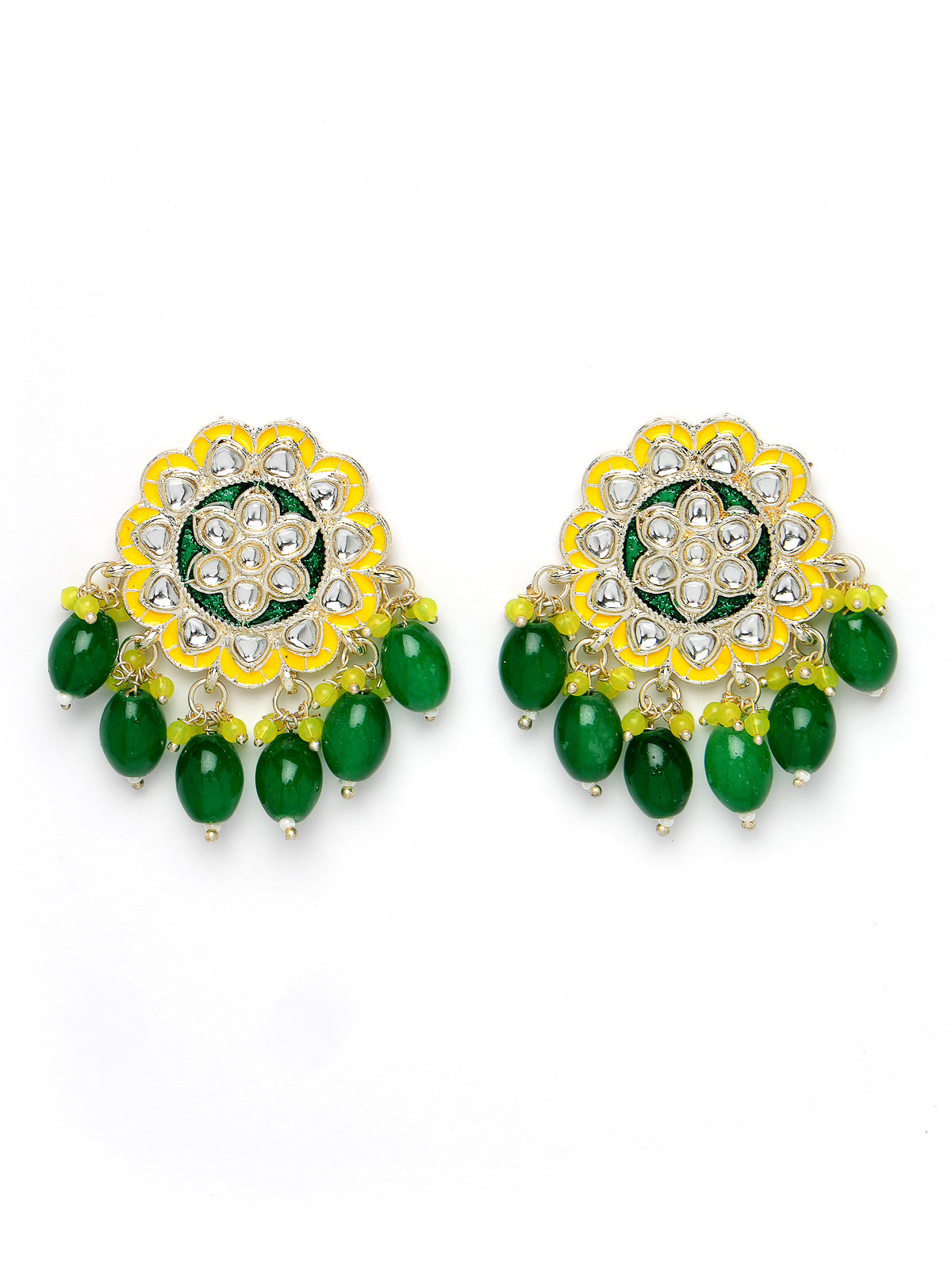 Studio Sukkhi Pretty Gold Plated Yellow & Green Beads Cluster Drops Kundan Choker Necklace Set For Women NS105803