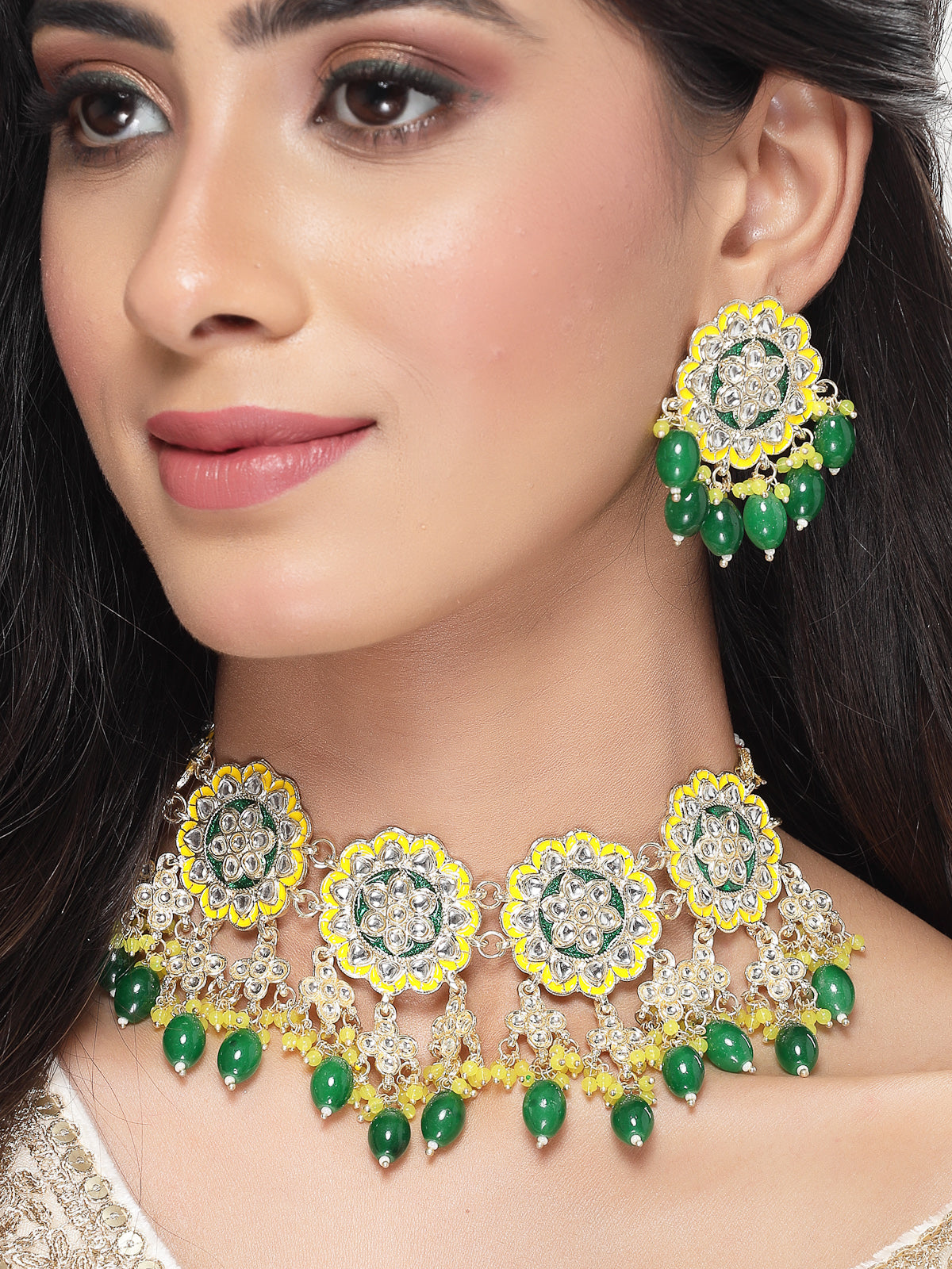 Studio Sukkhi Pretty Gold Plated Yellow & Green Beads Cluster Drops Kundan Choker Necklace Set For Women NS105803