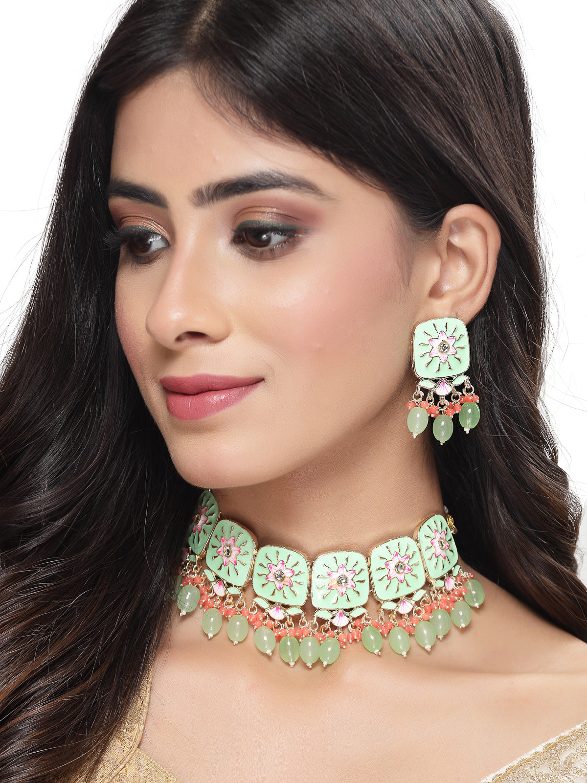 Studio Sukkhi Geometric Gold Plated Mint Green & Red Beads Cluster Drops Kundan Choker Necklace Earring Set For Women NS105805