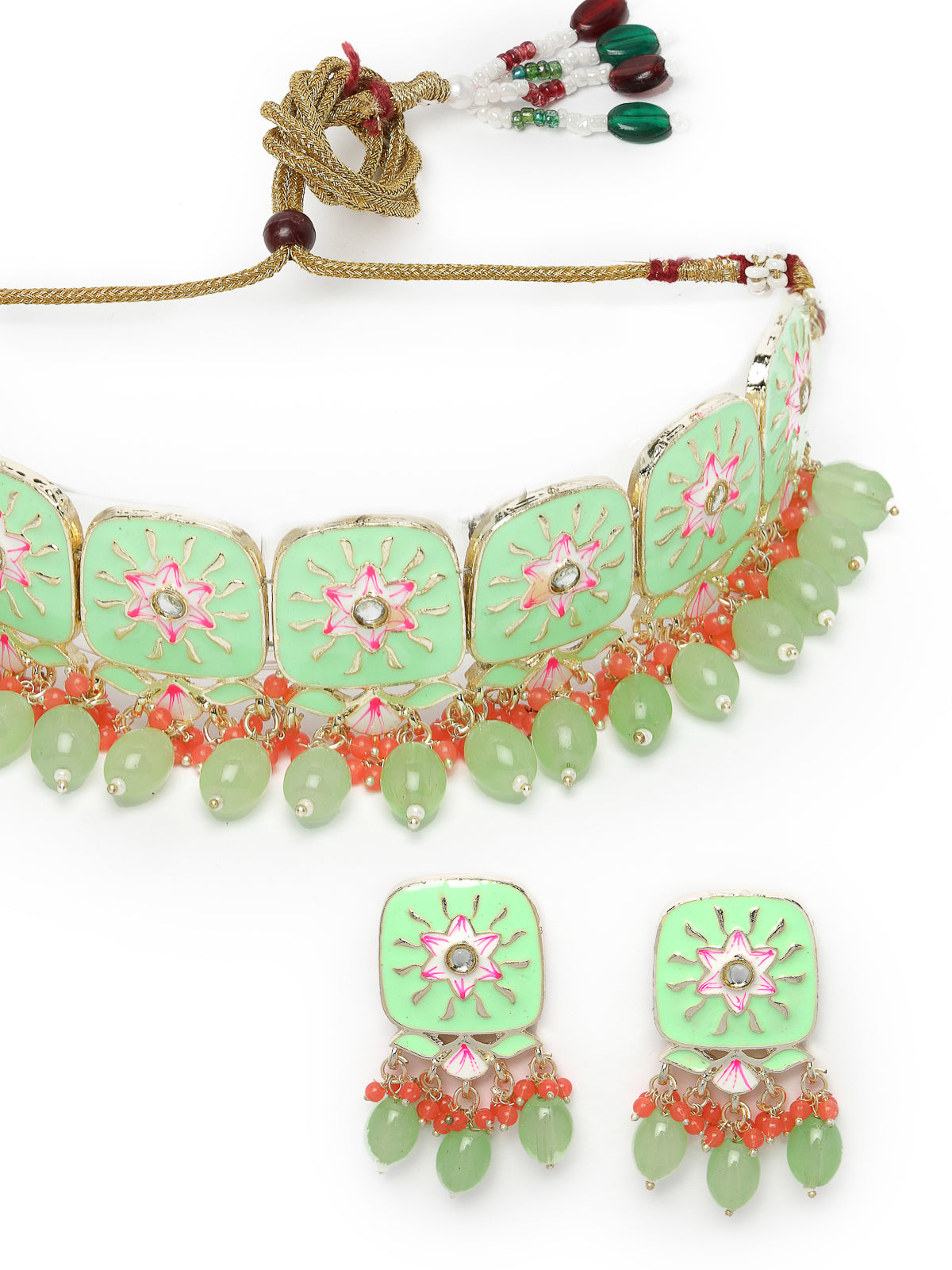 Studio Sukkhi Geometric Gold Plated Mint Green & Red Beads Cluster Drops Kundan Choker Necklace Earring Set For Women NS105805
