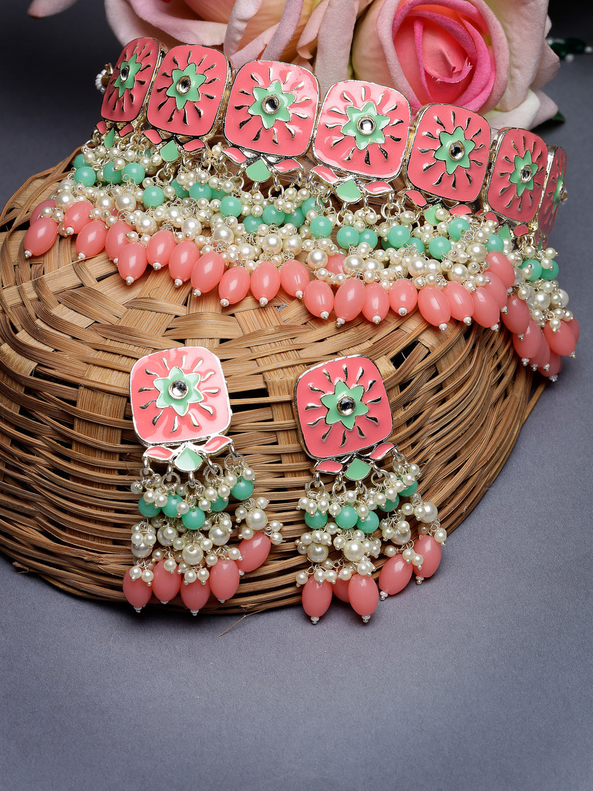 Studio Sukkhi Aesthetic Gold Plated Pink & Mint Green Enamel Choker Necklace Set For Women NS105806