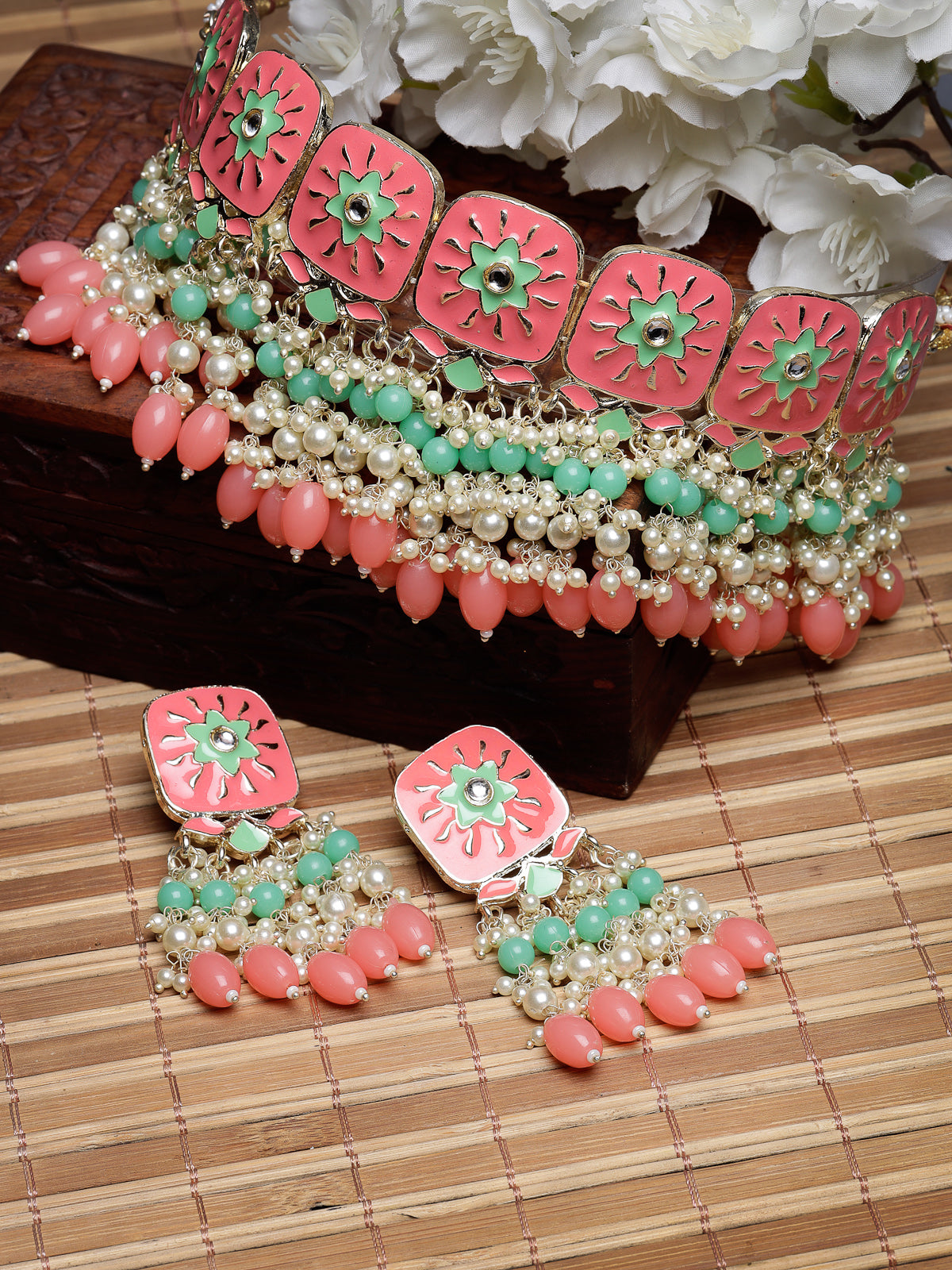Studio Sukkhi Aesthetic Gold Plated Pink & Mint Green Enamel Choker Necklace Set For Women NS105806