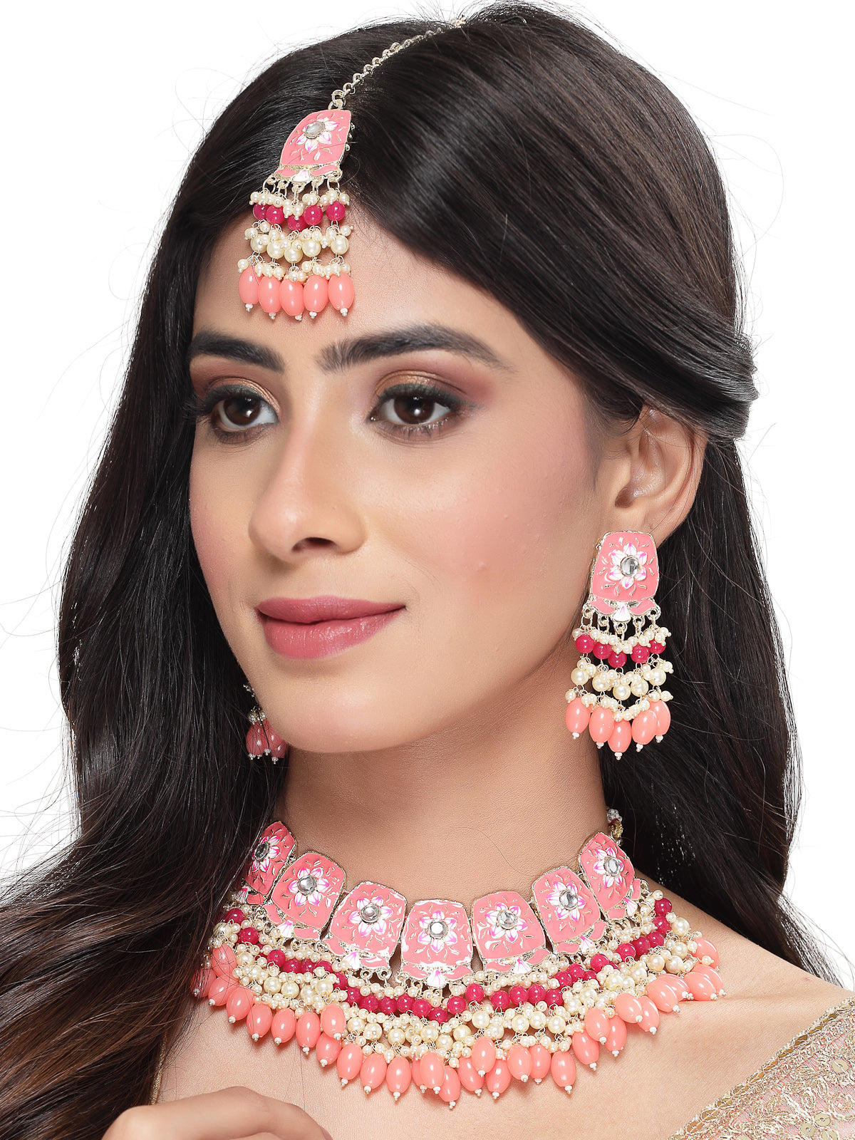 Studio Sukkhi Pleasing Gold Plated Pink & Peach Enamel Choker Necklace Set For Women NS105807