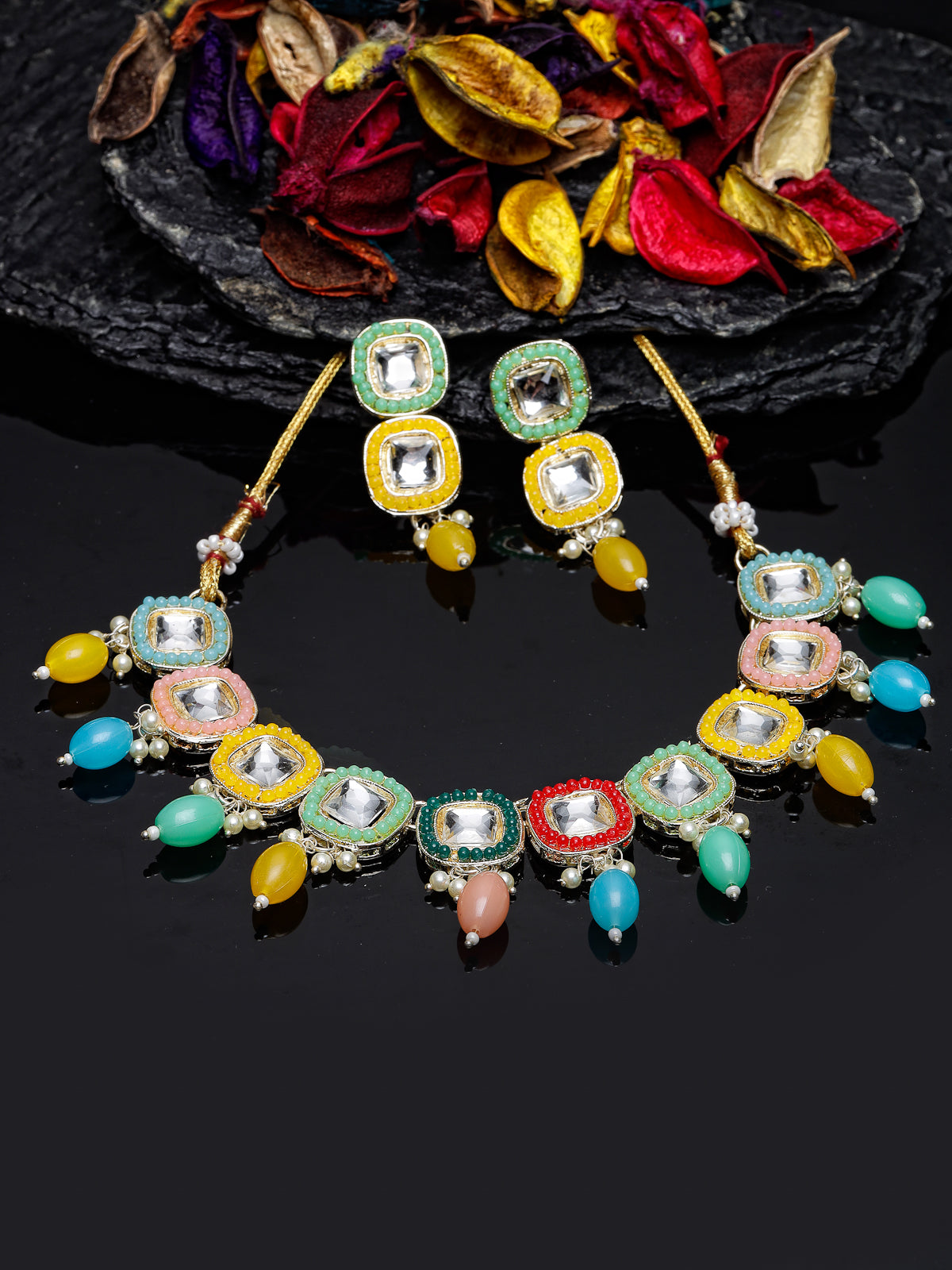 Studio Sukkhi Drop-Dead Gold Plated Multi Stone & Beads Choker Necklace Set For Women NS105808