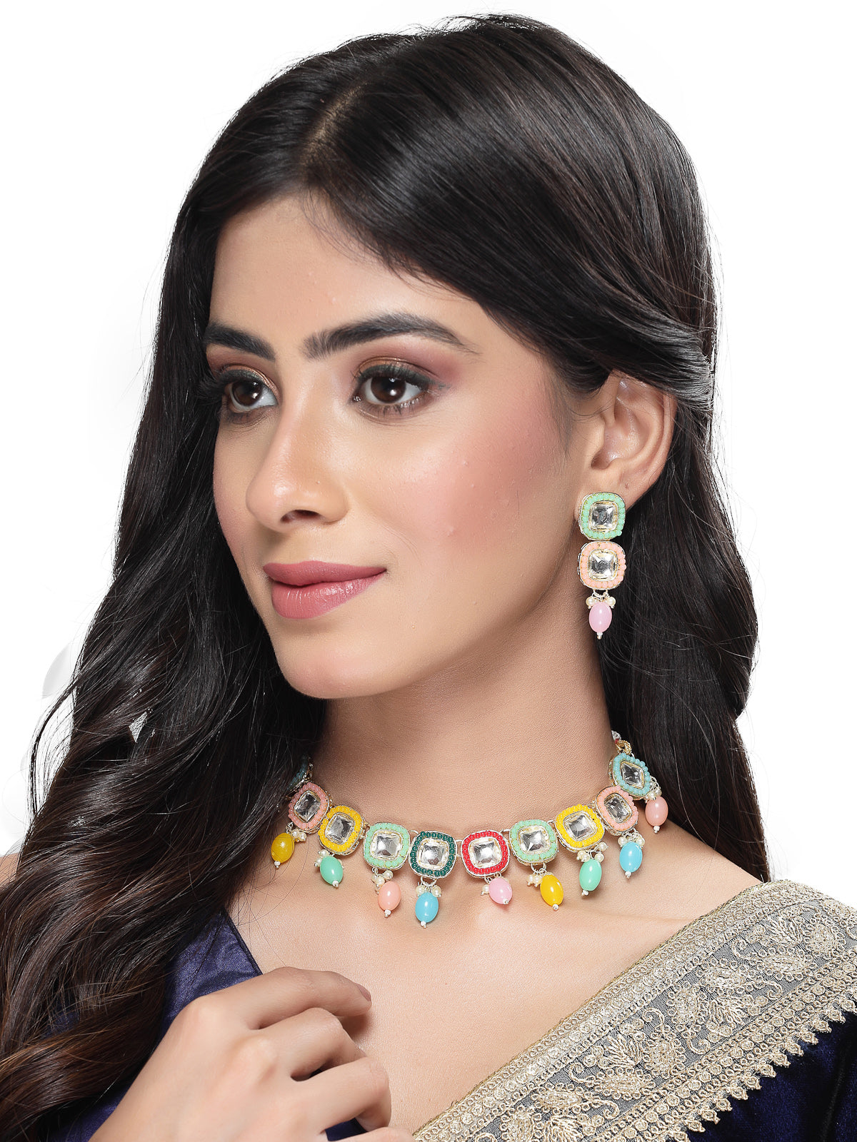 Studio Sukkhi Fanciable Gold Plated Multi Stone & Beads Choker Necklace Set For Women NS105809