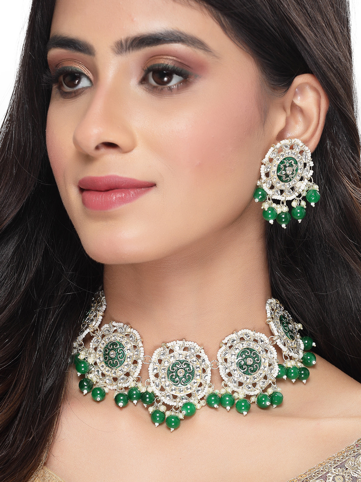 Studio Sukkhi Beddable Gold Plated Green Kundan & Beads Choker Necklace Set For Women NS105810