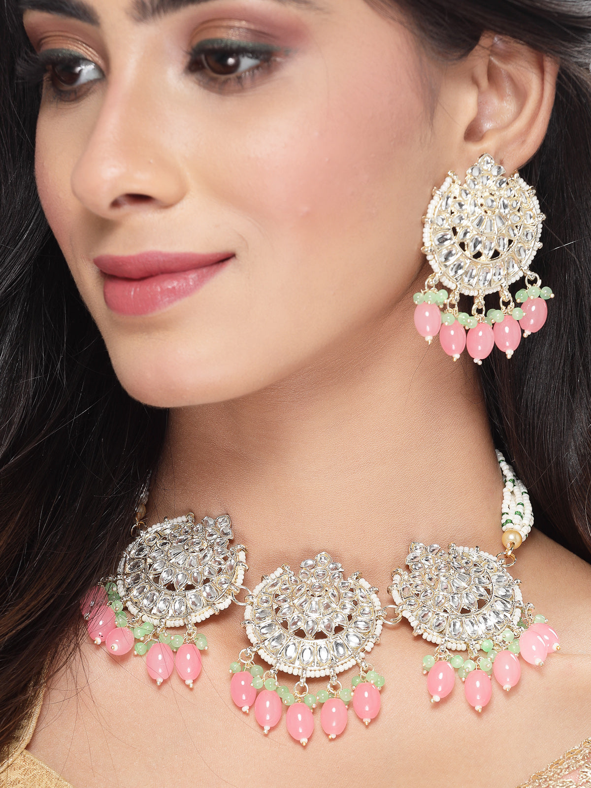 Studio Sukkhi Glam Gold Plated Pink Kundan & Beads Choker Necklace Set For Women NS105812