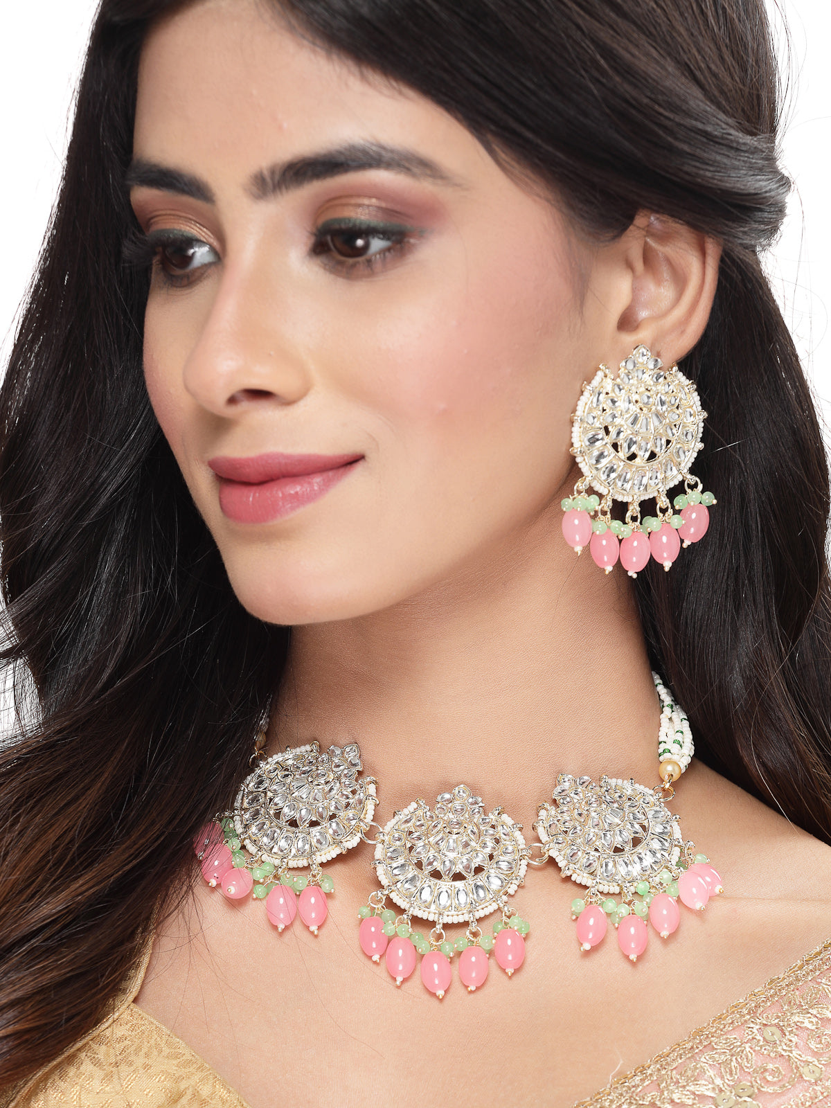 Studio Sukkhi Glam Gold Plated Pink Kundan & Beads Choker Necklace Set For Women NS105812